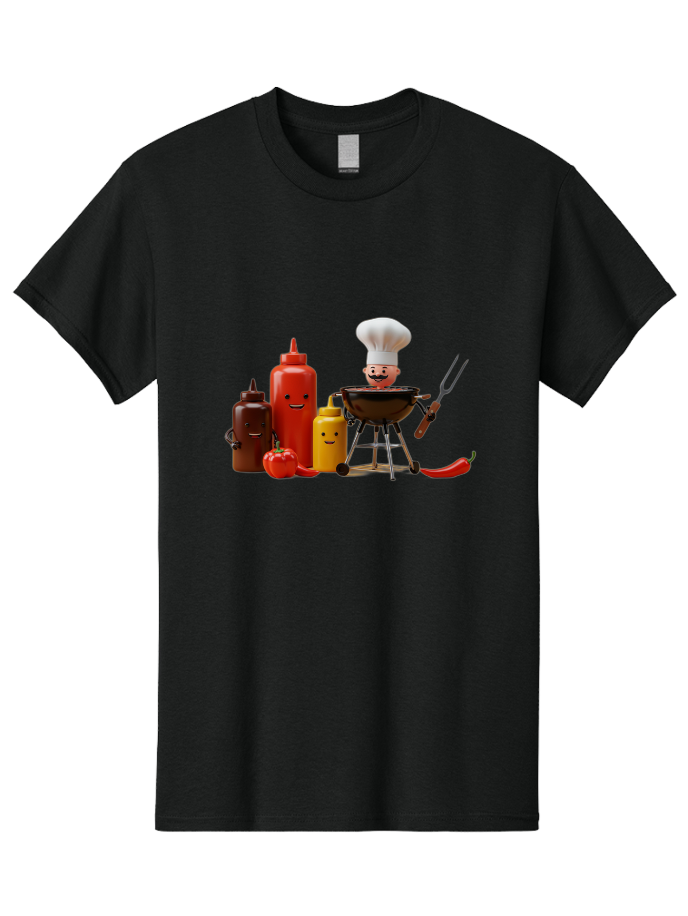 Saucy-Chef Men'S Graphic Tee, 100% Cotton, Comfortable Casual Summer Wear, Machine Washable, Fun Kitchen Utensils, Chef Cooking, Cartoon Characters, Barbecue Grill, Bbq Sauce, Hot Sauce, Mustard Bottle, Cartoon Cooking, Grilled Food, Bac397 15