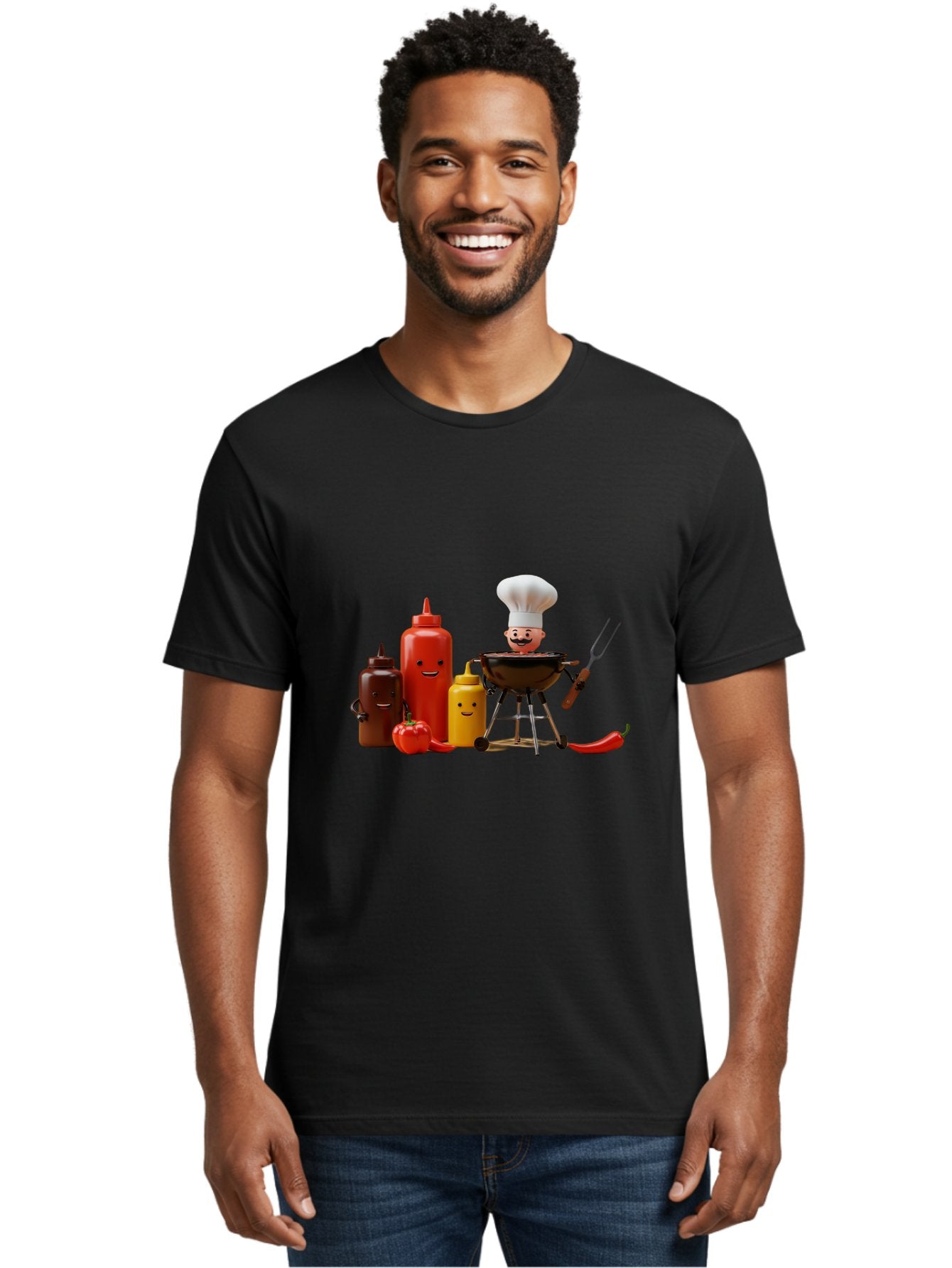 Saucy-Chef Men'S Graphic Tee, 100% Cotton, Comfortable Casual Summer Wear, Machine Washable, Fun Kitchen Utensils, Chef Cooking, Cartoon Characters, Barbecue Grill, Bbq Sauce, Hot Sauce, Mustard Bottle, Cartoon Cooking, Grilled Food, Bac397 20