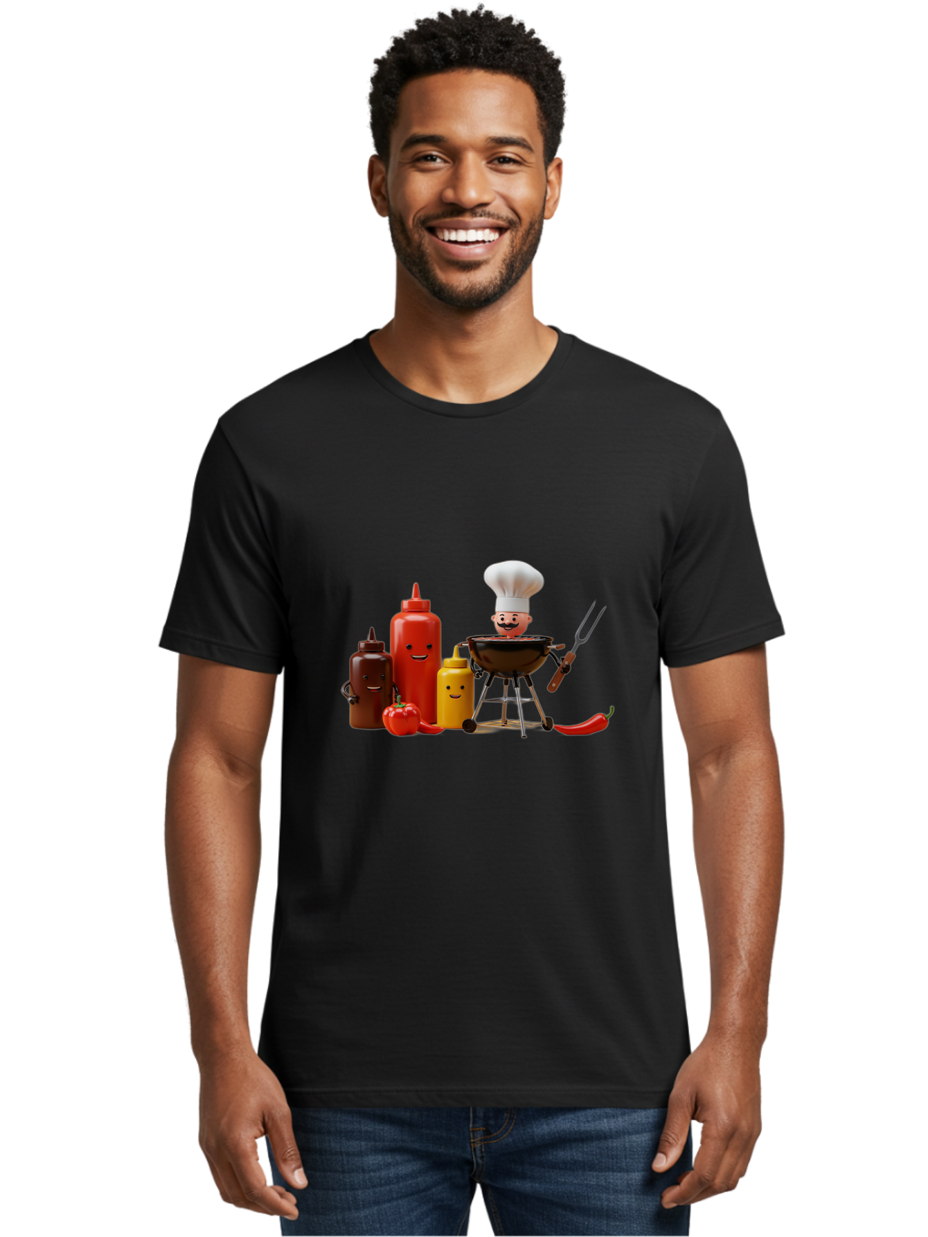 Saucy-Chef Men'S Graphic Tee, 100% Cotton, Comfortable Casual Summer Wear, Machine Washable, Fun Kitchen Utensils, Chef Cooking, Cartoon Characters, Barbecue Grill, Bbq Sauce, Hot Sauce, Mustard Bottle, Cartoon Cooking, Grilled Food, Bac397 30
