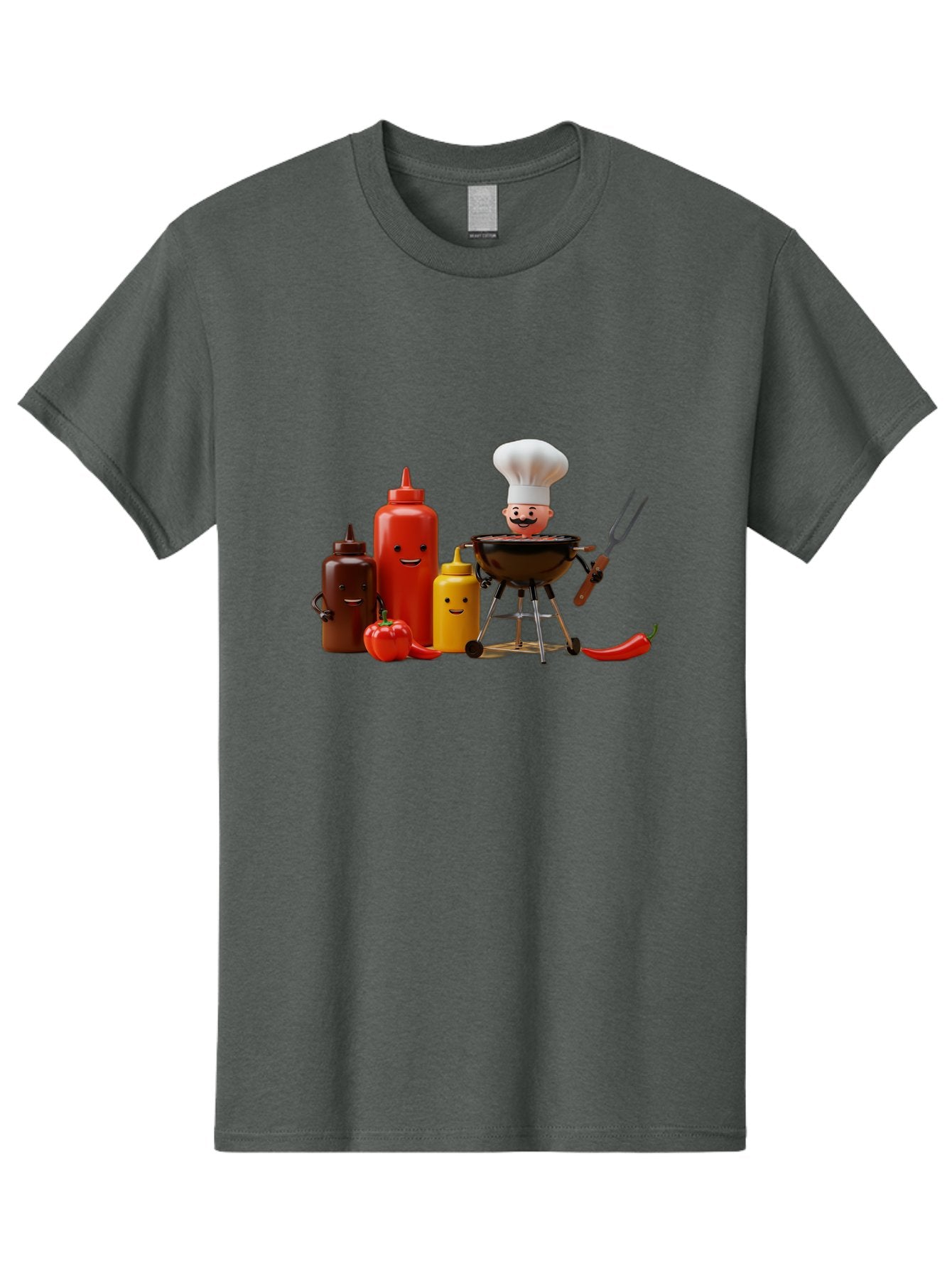 Saucy-Chef Men'S Graphic Tee, 100% Cotton, Comfortable Casual Summer Wear, Machine Washable, Fun Kitchen Utensils, Chef Cooking, Cartoon Characters, Barbecue Grill, Bbq Sauce, Hot Sauce, Mustard Bottle, Cartoon Cooking, Grilled Food, Bac397 12