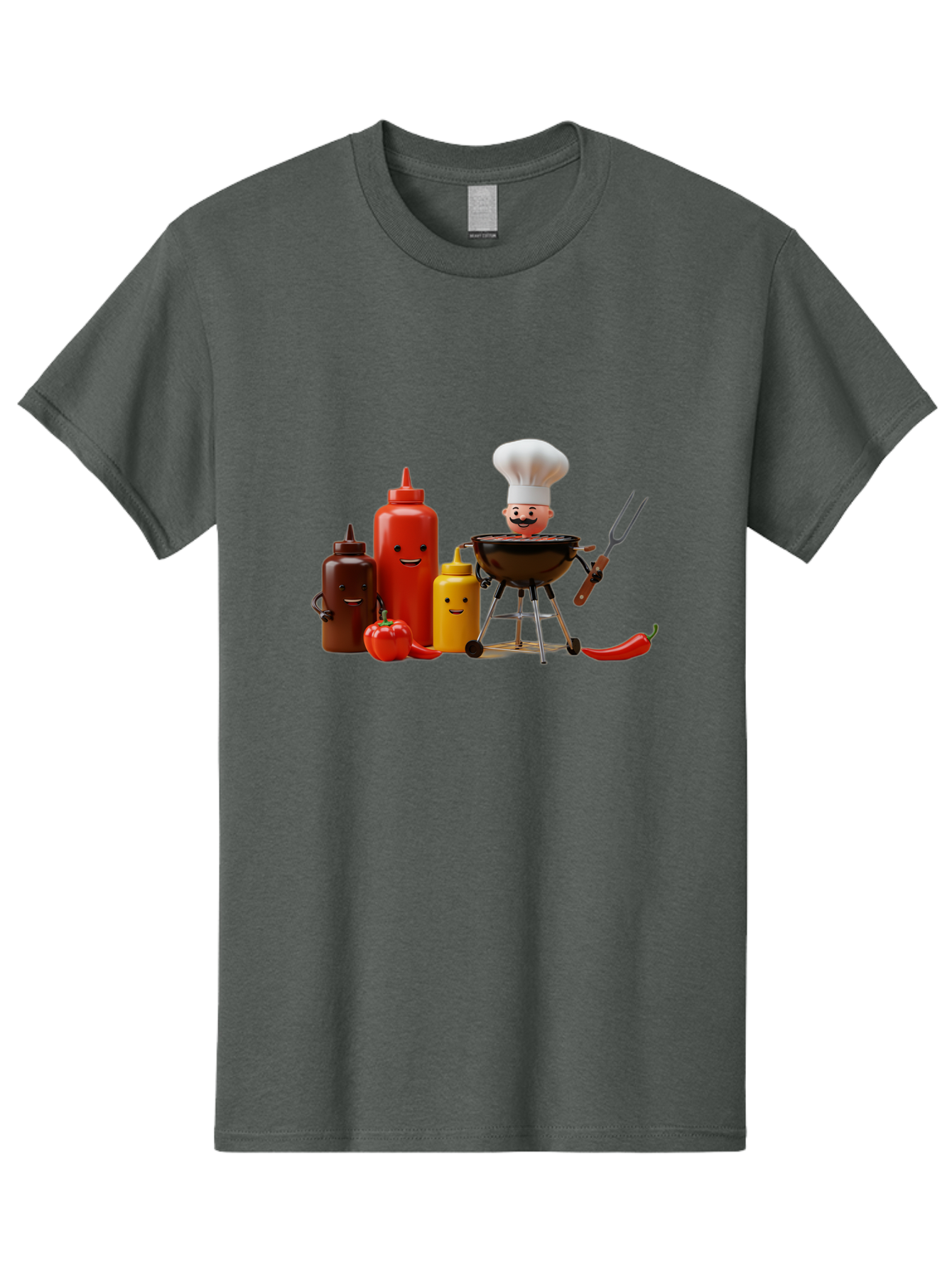 Saucy-Chef Men'S Graphic Tee, 100% Cotton, Comfortable Casual Summer Wear, Machine Washable, Fun Kitchen Utensils, Chef Cooking, Cartoon Characters, Barbecue Grill, Bbq Sauce, Hot Sauce, Mustard Bottle, Cartoon Cooking, Grilled Food, Bac397 3