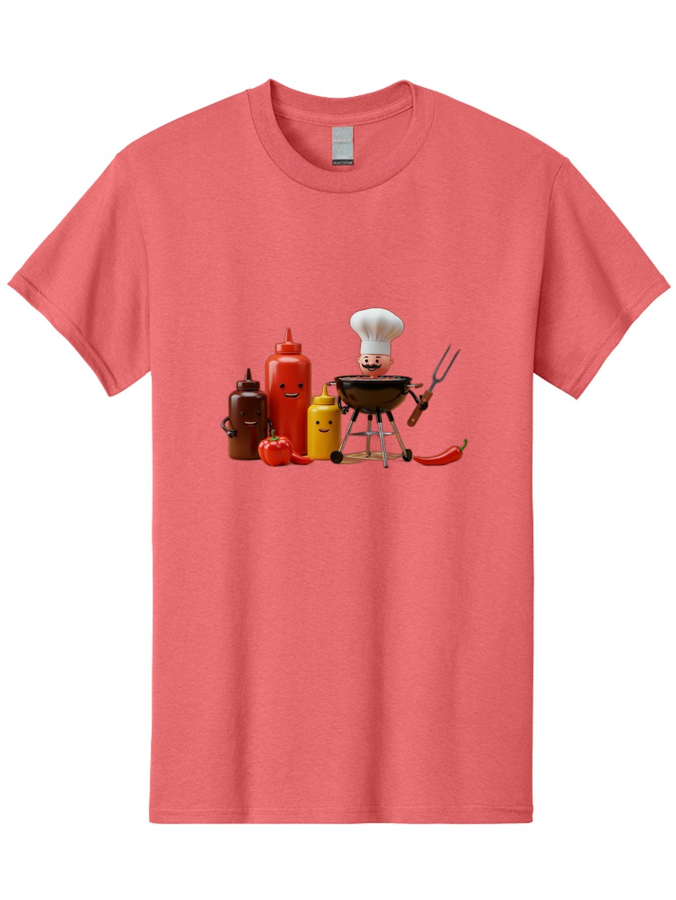 Saucy-Chef Men'S Graphic Tee, 100% Cotton, Comfortable Casual Summer Wear, Machine Washable, Fun Kitchen Utensils, Chef Cooking, Cartoon Characters, Barbecue Grill, Bbq Sauce, Hot Sauce, Mustard Bottle, Cartoon Cooking, Grilled Food, Bac397 9