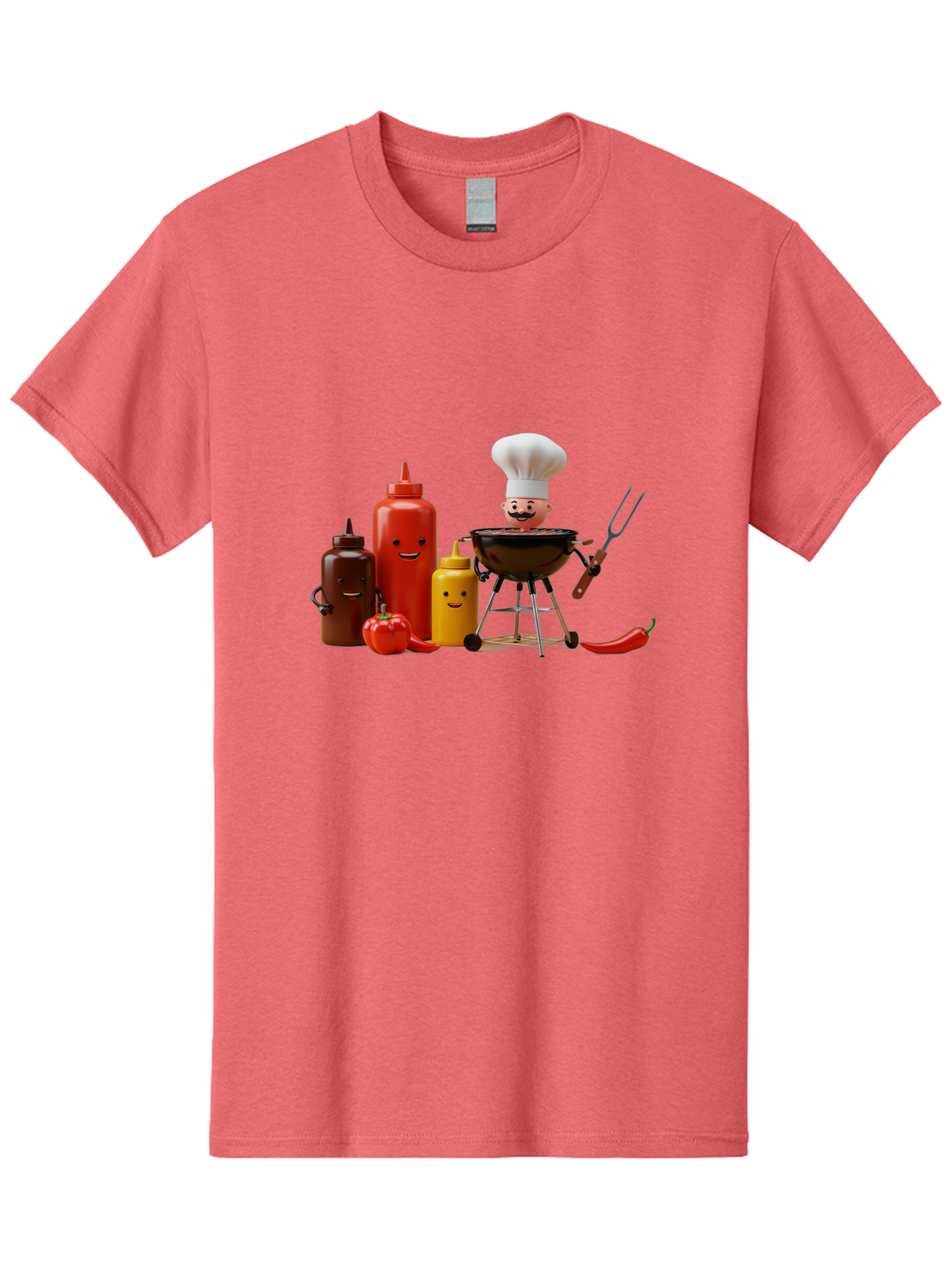 Saucy-Chef Men'S Graphic Tee, 100% Cotton, Comfortable Casual Summer Wear, Machine Washable, Fun Kitchen Utensils, Chef Cooking, Cartoon Characters, Barbecue Grill, Bbq Sauce, Hot Sauce, Mustard Bottle, Cartoon Cooking, Grilled Food, Bac397 5