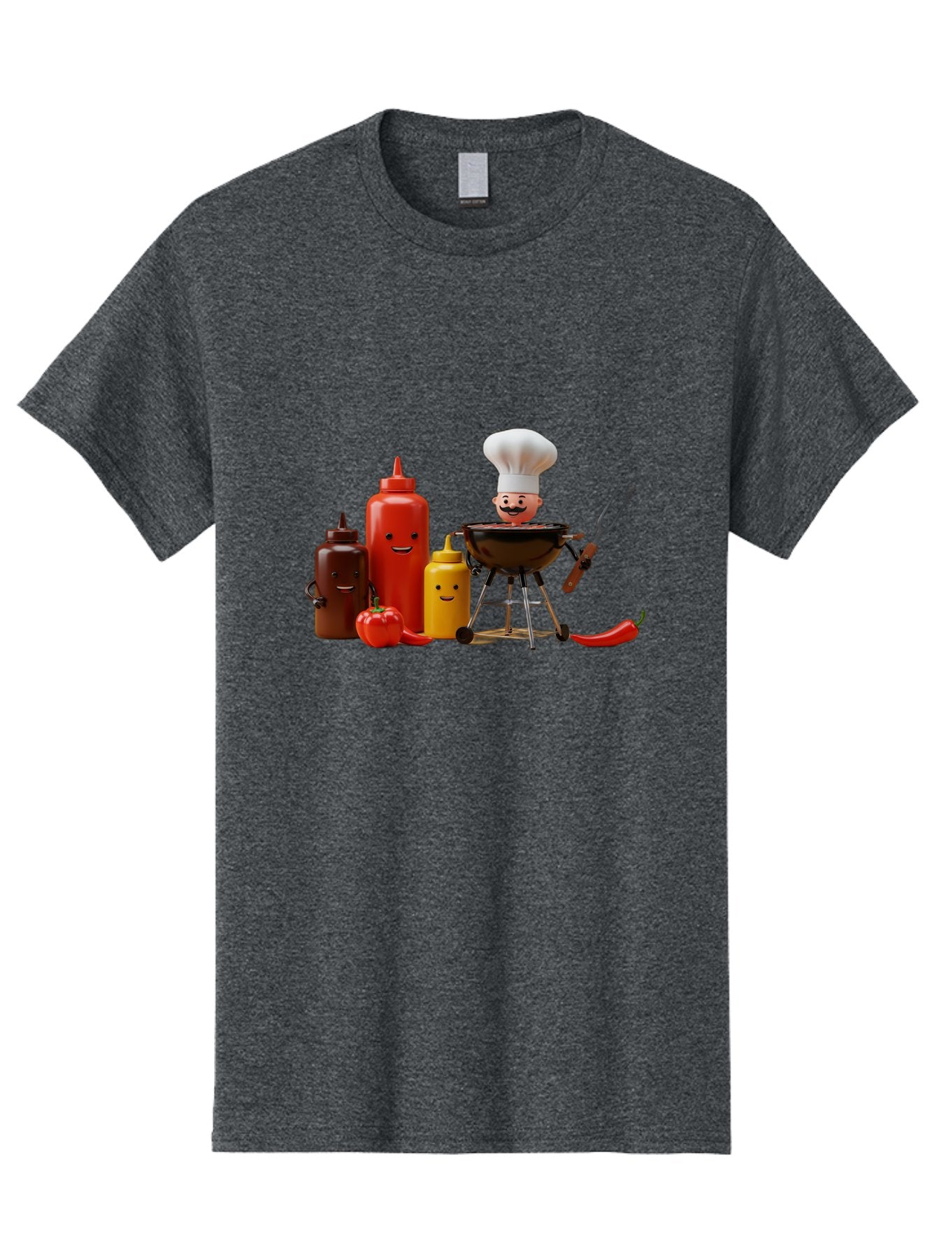 Saucy-Chef Men'S Graphic Tee, 100% Cotton, Comfortable Casual Summer Wear, Machine Washable, Fun Kitchen Utensils, Chef Cooking, Cartoon Characters, Barbecue Grill, Bbq Sauce, Hot Sauce, Mustard Bottle, Cartoon Cooking, Grilled Food, Bac397 11