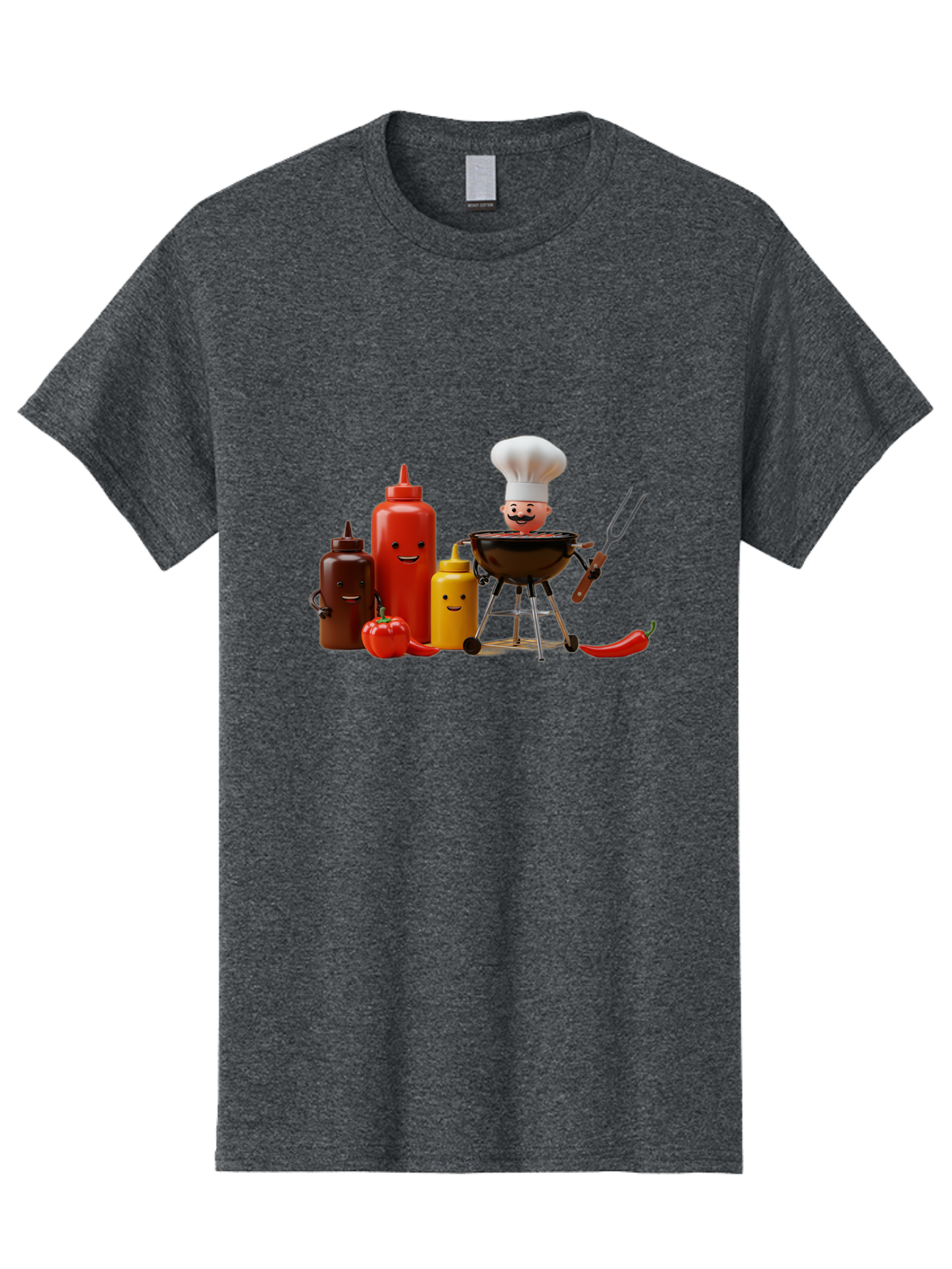 Saucy-Chef Men'S Graphic Tee, 100% Cotton, Comfortable Casual Summer Wear, Machine Washable, Fun Kitchen Utensils, Chef Cooking, Cartoon Characters, Barbecue Grill, Bbq Sauce, Hot Sauce, Mustard Bottle, Cartoon Cooking, Grilled Food, Bac397 4