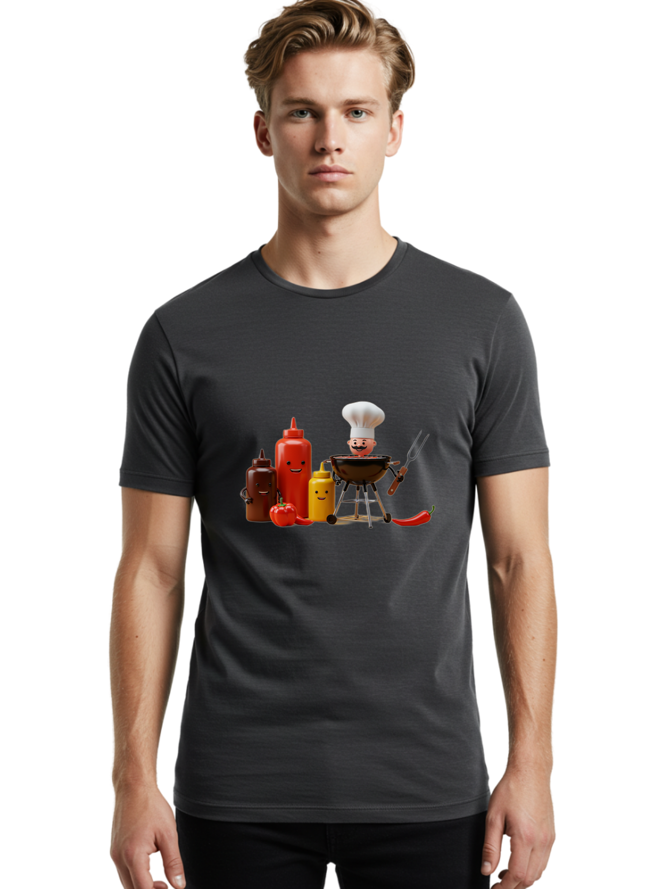 Saucy-Chef Men'S Graphic Tee, 100% Cotton, Comfortable Casual Summer Wear, Machine Washable, Fun Kitchen Utensils, Chef Cooking, Cartoon Characters, Barbecue Grill, Bbq Sauce, Hot Sauce, Mustard Bottle, Cartoon Cooking, Grilled Food, Bac397 19