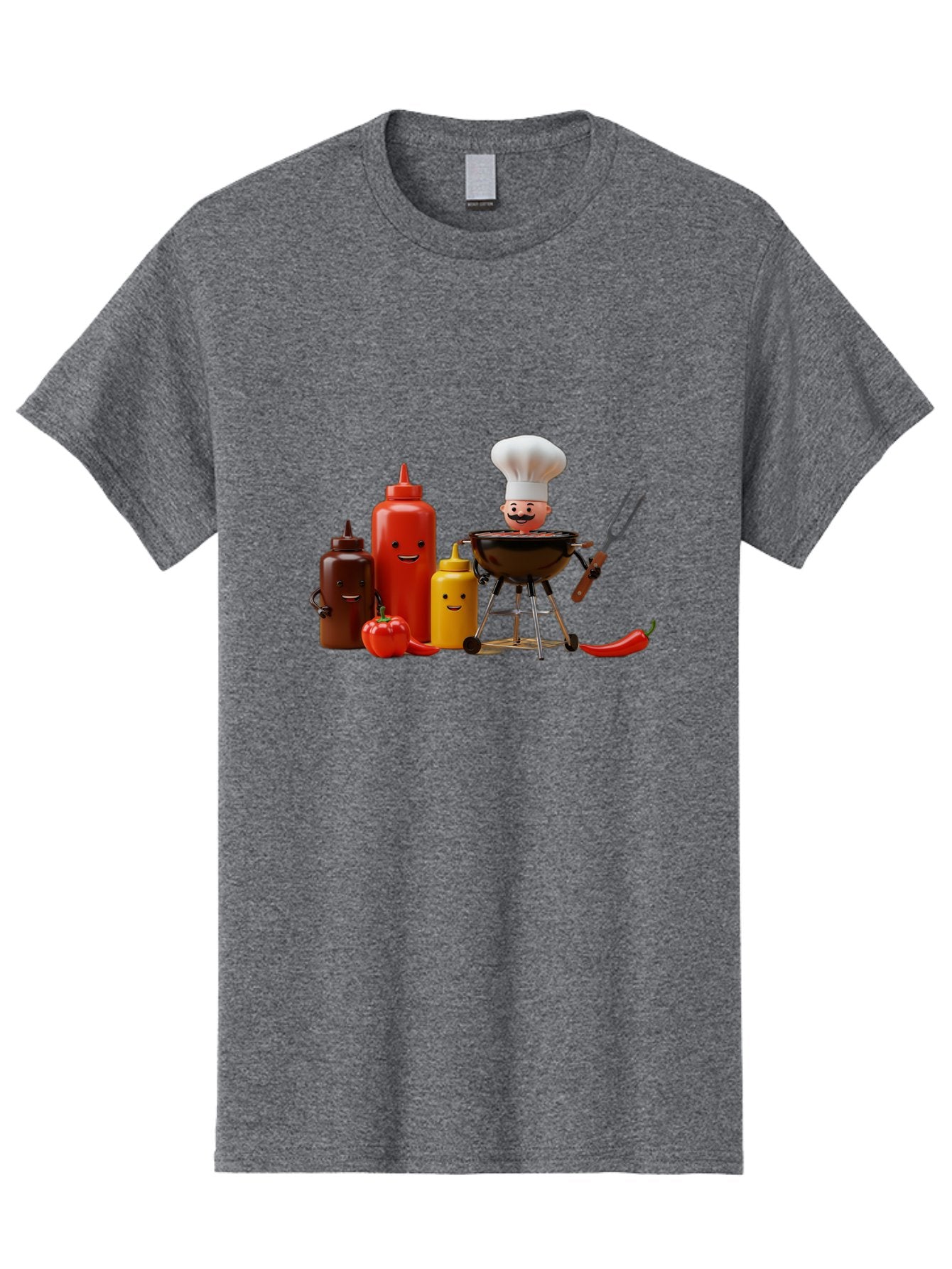 Saucy-Chef Men'S Graphic Tee, 100% Cotton, Comfortable Casual Summer Wear, Machine Washable, Fun Kitchen Utensils, Chef Cooking, Cartoon Characters, Barbecue Grill, Bbq Sauce, Hot Sauce, Mustard Bottle, Cartoon Cooking, Grilled Food, Bac397
