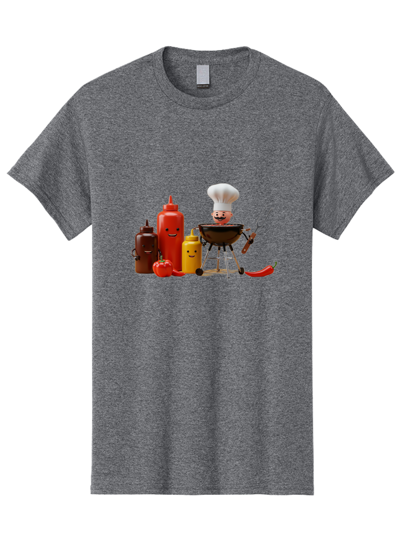 Saucy-Chef Men'S Graphic Tee, 100% Cotton, Comfortable Casual Summer Wear, Machine Washable, Fun Kitchen Utensils, Chef Cooking, Cartoon Characters, Barbecue Grill, Bbq Sauce, Hot Sauce, Mustard Bottle, Cartoon Cooking, Grilled Food, Bac397 10