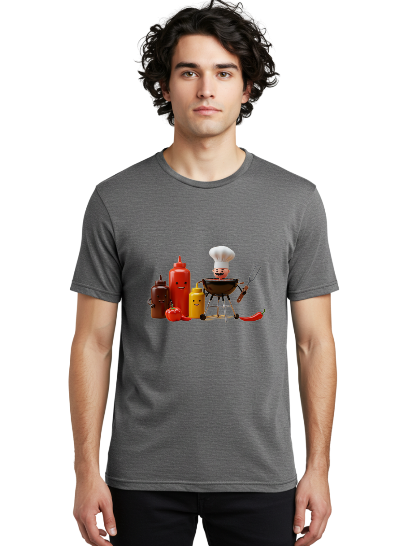 Saucy-Chef Men'S Graphic Tee, 100% Cotton, Comfortable Casual Summer Wear, Machine Washable, Fun Kitchen Utensils, Chef Cooking, Cartoon Characters, Barbecue Grill, Bbq Sauce, Hot Sauce, Mustard Bottle, Cartoon Cooking, Grilled Food, Bac397 25