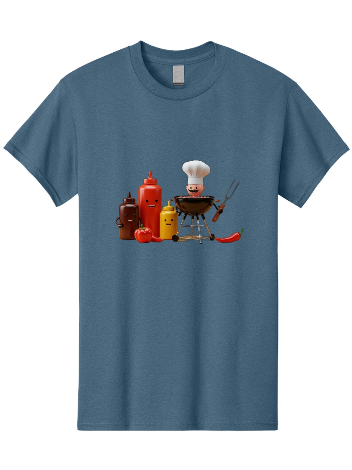 Saucy-Chef Men'S Graphic Tee, 100% Cotton, Comfortable Casual Summer Wear, Machine Washable, Fun Kitchen Utensils, Chef Cooking, Cartoon Characters, Barbecue Grill, Bbq Sauce, Hot Sauce, Mustard Bottle, Cartoon Cooking, Grilled Food, Bac397 6