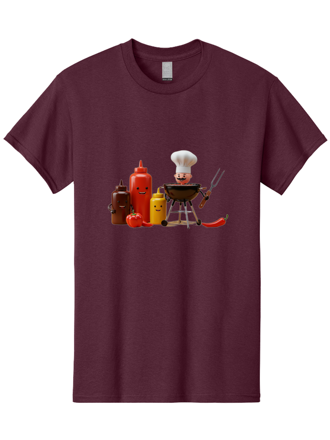 Saucy-Chef Men'S Graphic Tee, 100% Cotton, Comfortable Casual Summer Wear, Machine Washable, Fun Kitchen Utensils, Chef Cooking, Cartoon Characters, Barbecue Grill, Bbq Sauce, Hot Sauce, Mustard Bottle, Cartoon Cooking, Grilled Food, Bac397 11