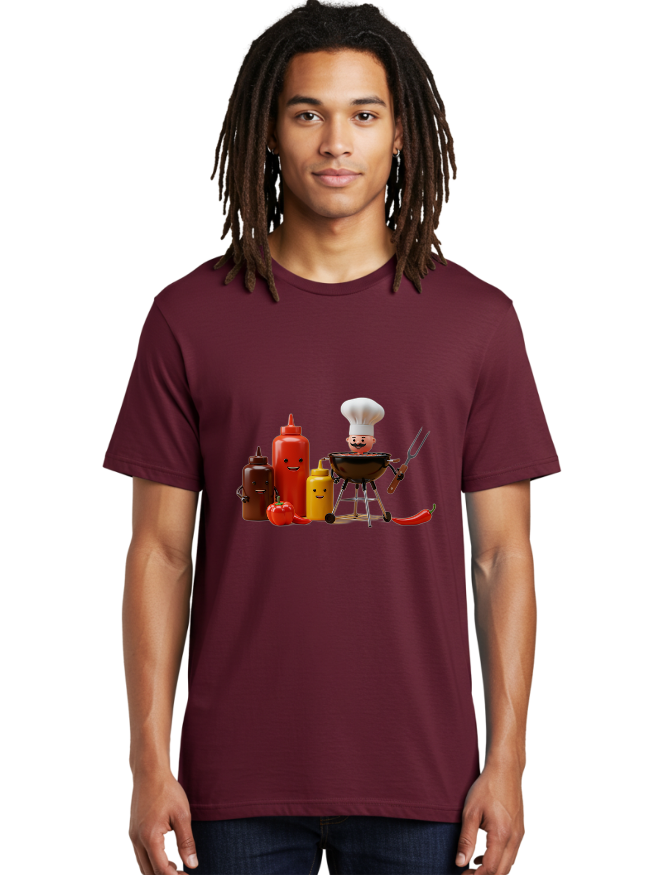 Saucy-Chef Men'S Graphic Tee, 100% Cotton, Comfortable Casual Summer Wear, Machine Washable, Fun Kitchen Utensils, Chef Cooking, Cartoon Characters, Barbecue Grill, Bbq Sauce, Hot Sauce, Mustard Bottle, Cartoon Cooking, Grilled Food, Bac397 26