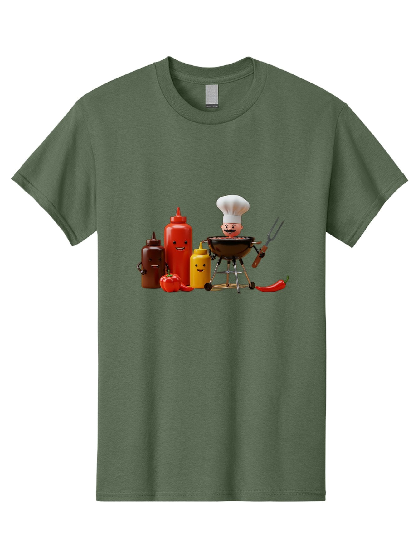 Saucy-Chef Men'S Graphic Tee, 100% Cotton, Comfortable Casual Summer Wear, Machine Washable, Fun Kitchen Utensils, Chef Cooking, Cartoon Characters, Barbecue Grill, Bbq Sauce, Hot Sauce, Mustard Bottle, Cartoon Cooking, Grilled Food, Bac397 10