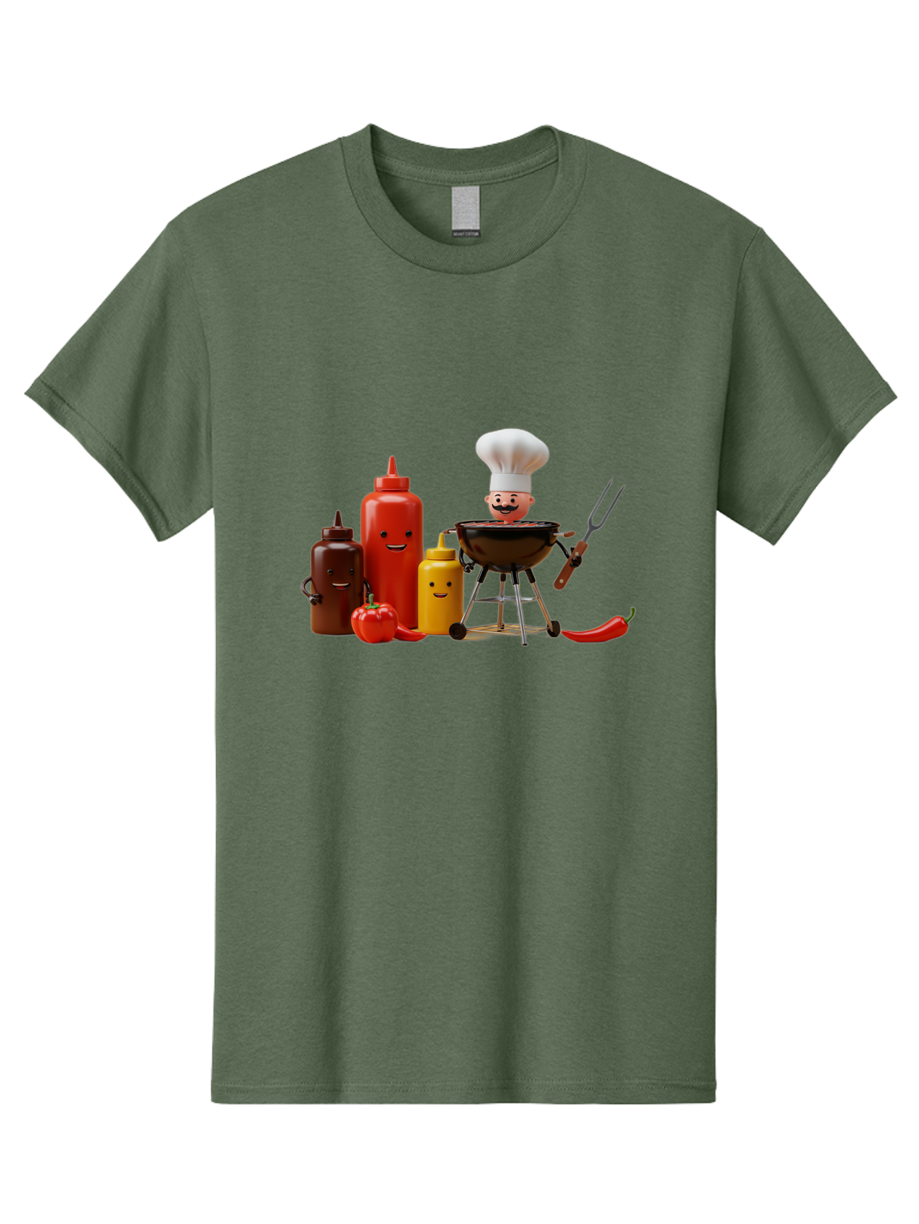 Saucy-Chef Men'S Graphic Tee, 100% Cotton, Comfortable Casual Summer Wear, Machine Washable, Fun Kitchen Utensils, Chef Cooking, Cartoon Characters, Barbecue Grill, Bbq Sauce, Hot Sauce, Mustard Bottle, Cartoon Cooking, Grilled Food, Bac397 14