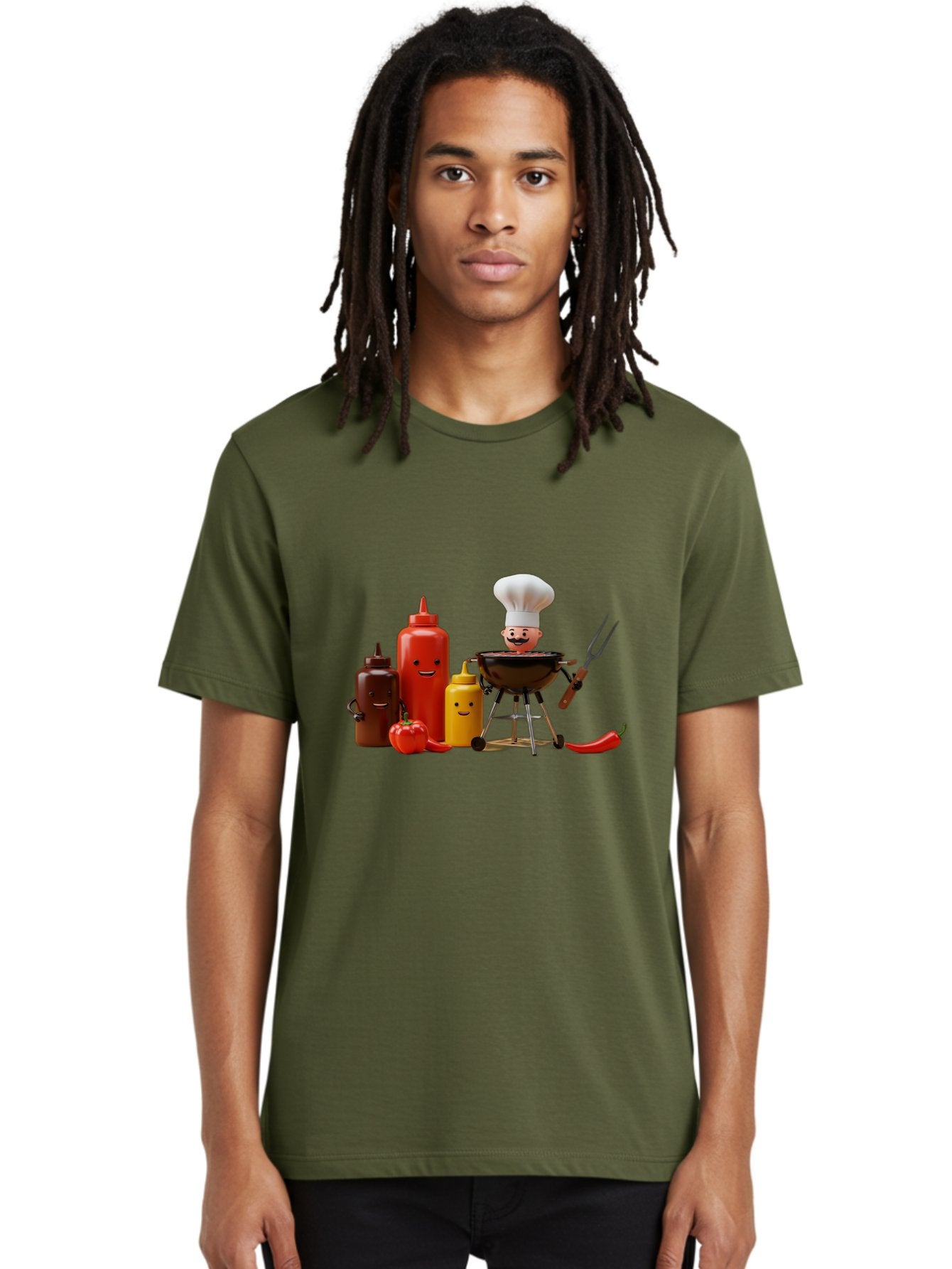 Saucy-Chef Men'S Graphic Tee, 100% Cotton, Comfortable Casual Summer Wear, Machine Washable, Fun Kitchen Utensils, Chef Cooking, Cartoon Characters, Barbecue Grill, Bbq Sauce, Hot Sauce, Mustard Bottle, Cartoon Cooking, Grilled Food, Bac397 17