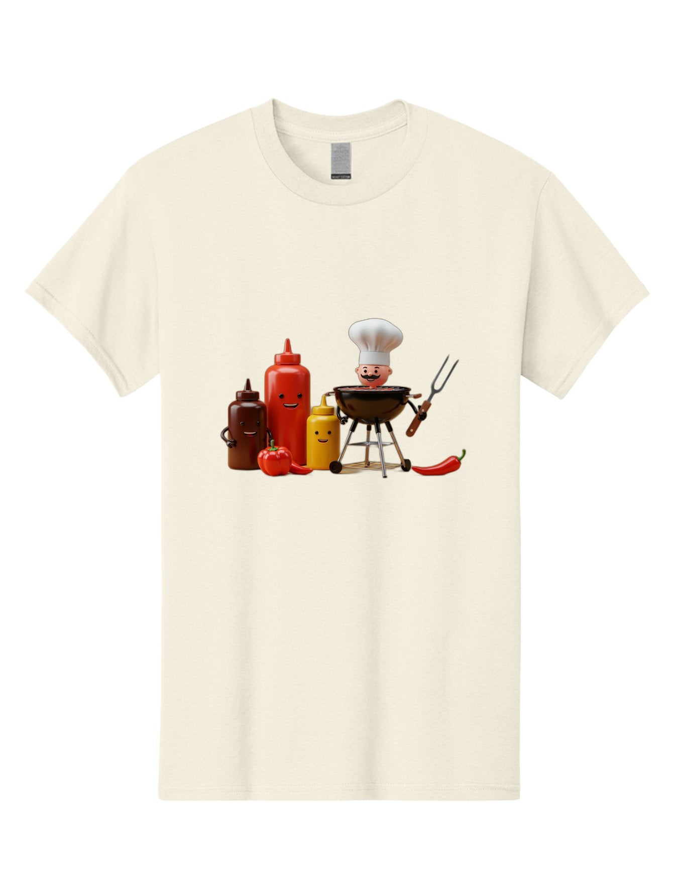 Saucy-Chef Men'S Graphic Tee, 100% Cotton, Comfortable Casual Summer Wear, Machine Washable, Fun Kitchen Utensils, Chef Cooking, Cartoon Characters, Barbecue Grill, Bbq Sauce, Hot Sauce, Mustard Bottle, Cartoon Cooking, Grilled Food, Bac397 7