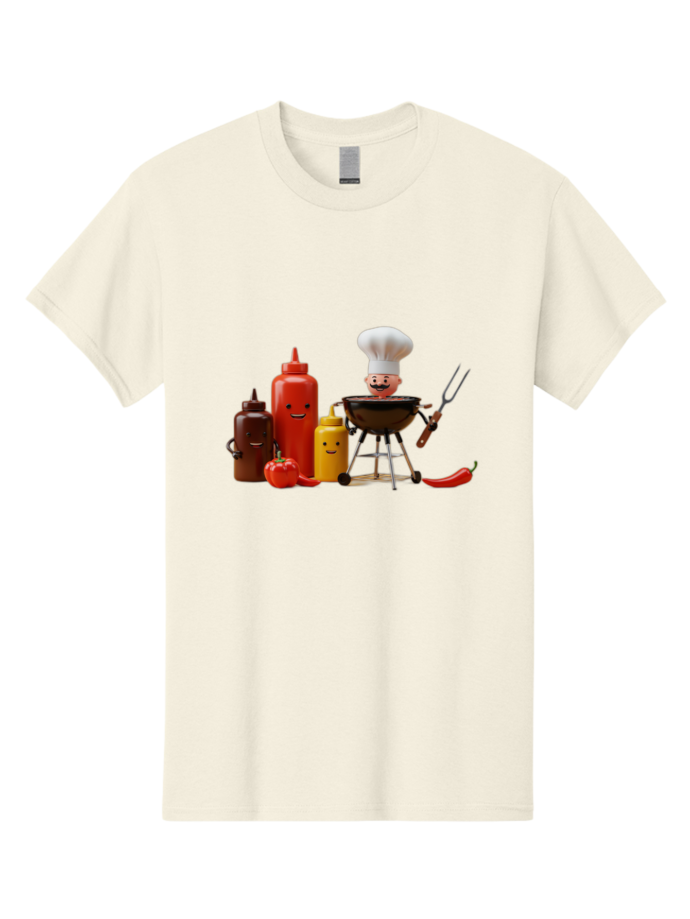 Saucy-Chef Men'S Graphic Tee, 100% Cotton, Comfortable Casual Summer Wear, Machine Washable, Fun Kitchen Utensils, Chef Cooking, Cartoon Characters, Barbecue Grill, Bbq Sauce, Hot Sauce, Mustard Bottle, Cartoon Cooking, Grilled Food, Bac397 13