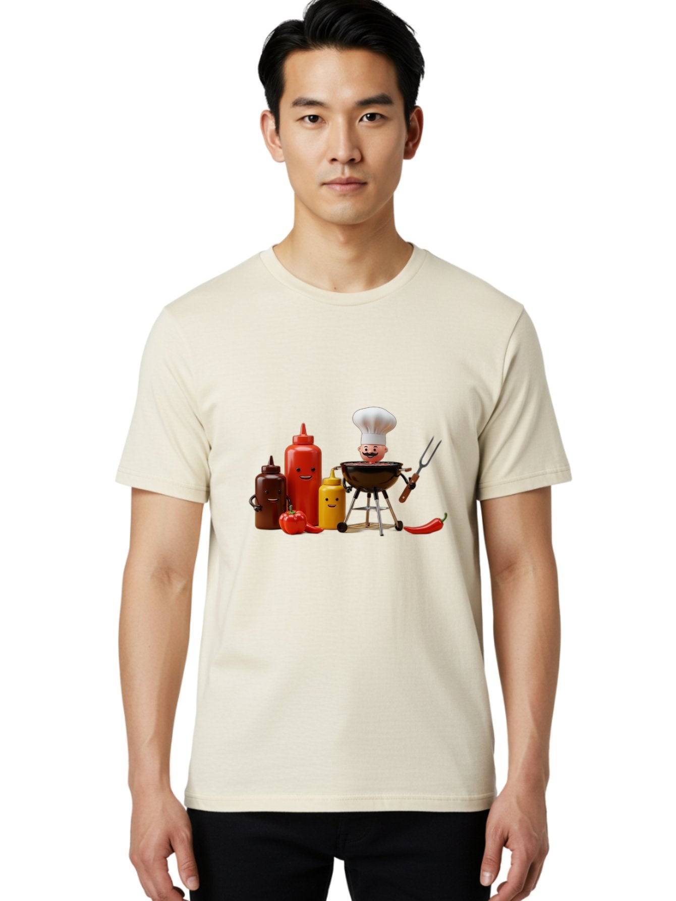 Saucy-Chef Men'S Graphic Tee, 100% Cotton, Comfortable Casual Summer Wear, Machine Washable, Fun Kitchen Utensils, Chef Cooking, Cartoon Characters, Barbecue Grill, Bbq Sauce, Hot Sauce, Mustard Bottle, Cartoon Cooking, Grilled Food, Bac397 16