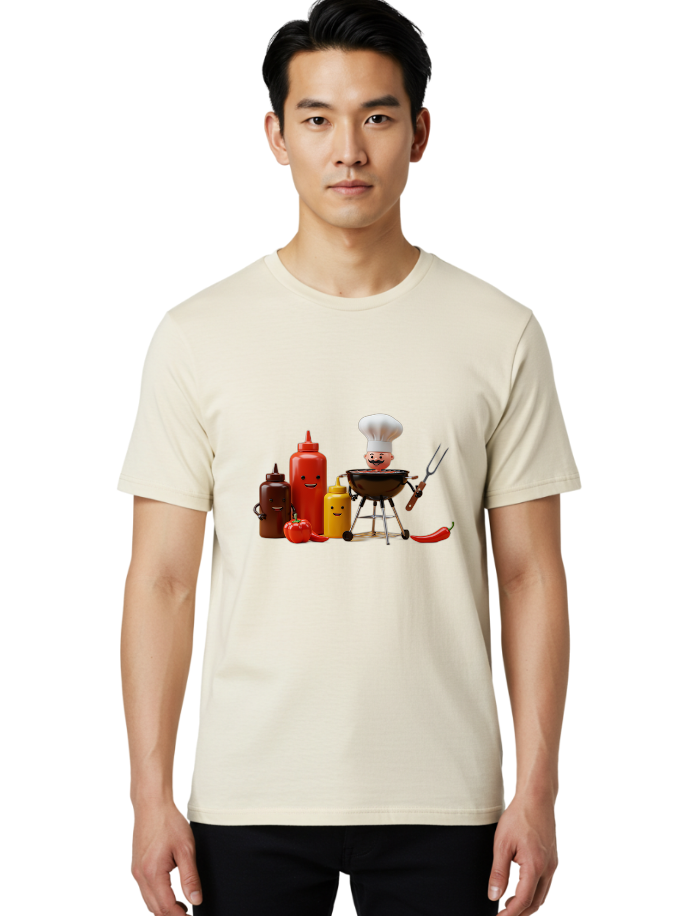 Saucy-Chef Men'S Graphic Tee, 100% Cotton, Comfortable Casual Summer Wear, Machine Washable, Fun Kitchen Utensils, Chef Cooking, Cartoon Characters, Barbecue Grill, Bbq Sauce, Hot Sauce, Mustard Bottle, Cartoon Cooking, Grilled Food, Bac397 28