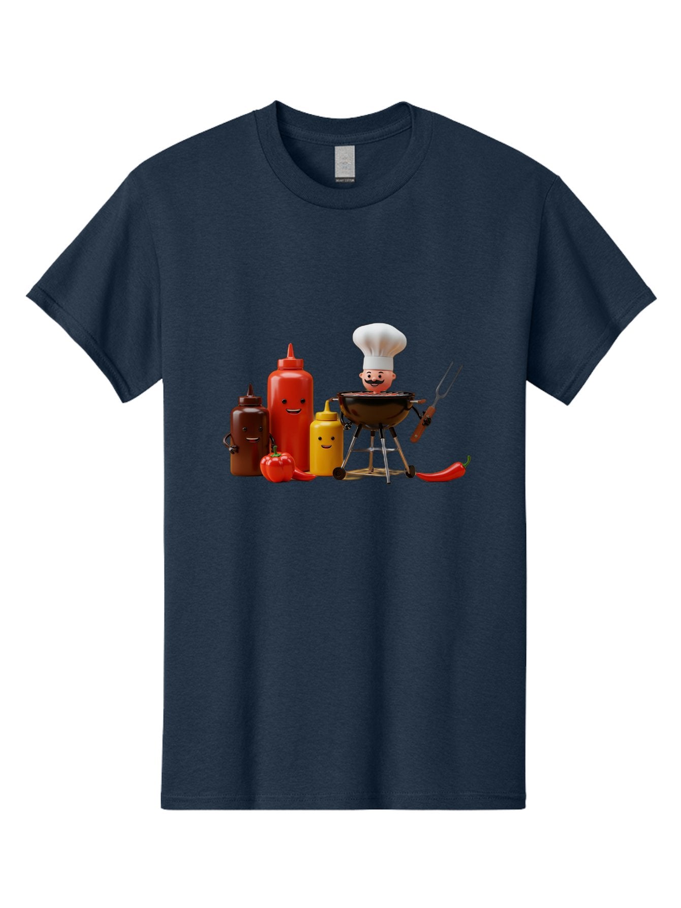 Saucy-Chef Men'S Graphic Tee, 100% Cotton, Comfortable Casual Summer Wear, Machine Washable, Fun Kitchen Utensils, Chef Cooking, Cartoon Characters, Barbecue Grill, Bbq Sauce, Hot Sauce, Mustard Bottle, Cartoon Cooking, Grilled Food, Bac397 4