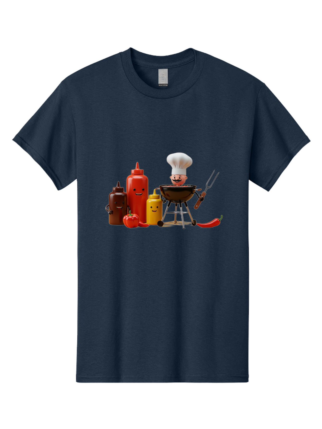Saucy-Chef Men'S Graphic Tee, 100% Cotton, Comfortable Casual Summer Wear, Machine Washable, Fun Kitchen Utensils, Chef Cooking, Cartoon Characters, Barbecue Grill, Bbq Sauce, Hot Sauce, Mustard Bottle, Cartoon Cooking, Grilled Food, Bac397 12