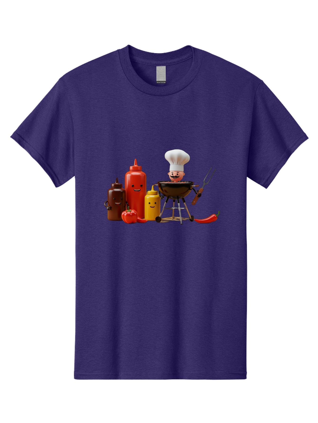 Saucy-Chef Men'S Graphic Tee, 100% Cotton, Comfortable Casual Summer Wear, Machine Washable, Fun Kitchen Utensils, Chef Cooking, Cartoon Characters, Barbecue Grill, Bbq Sauce, Hot Sauce, Mustard Bottle, Cartoon Cooking, Grilled Food, Bac397 3