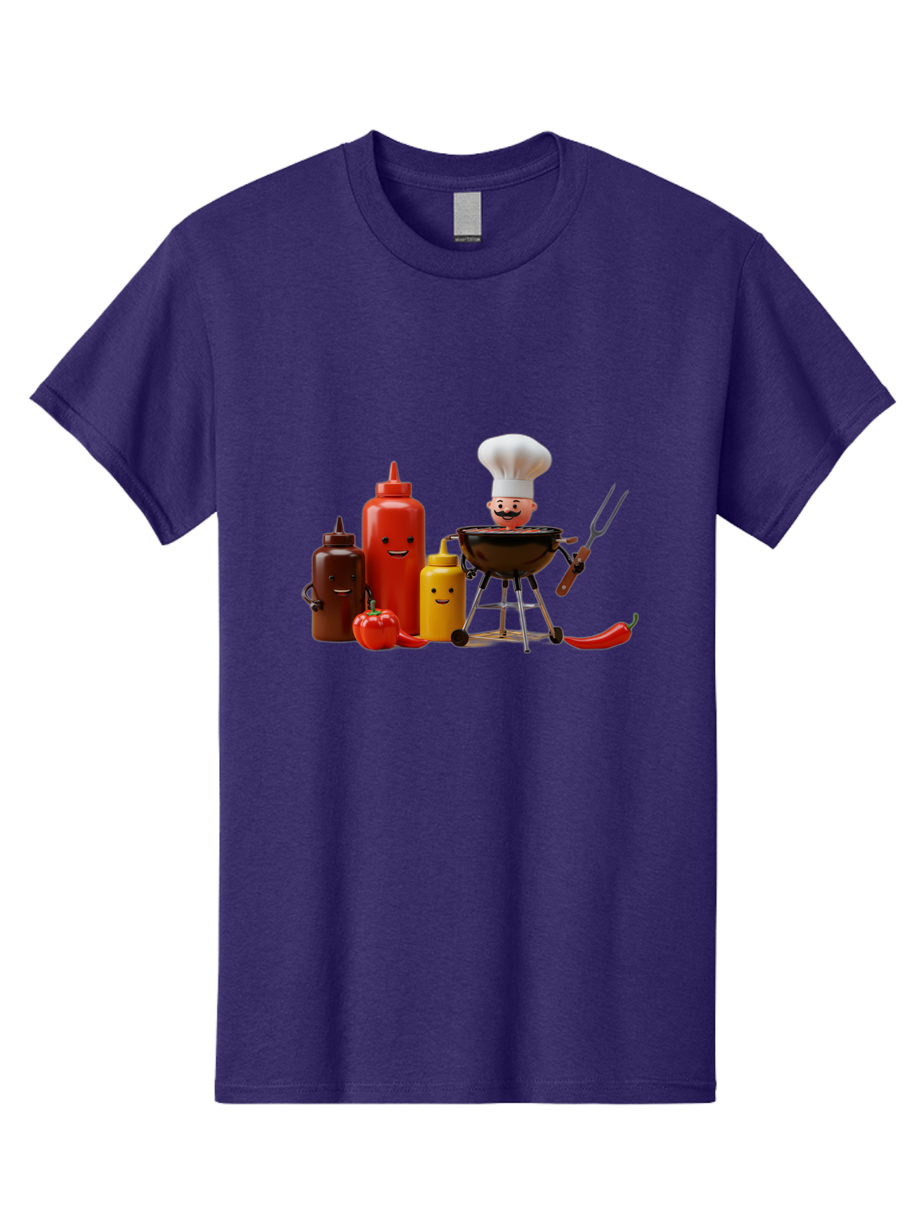 Saucy-Chef Men'S Graphic Tee, 100% Cotton, Comfortable Casual Summer Wear, Machine Washable, Fun Kitchen Utensils, Chef Cooking, Cartoon Characters, Barbecue Grill, Bbq Sauce, Hot Sauce, Mustard Bottle, Cartoon Cooking, Grilled Food, Bac397 9