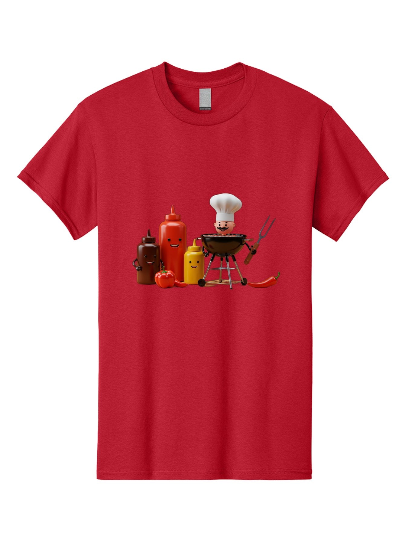 Saucy-Chef Men'S Graphic Tee, 100% Cotton, Comfortable Casual Summer Wear, Machine Washable, Fun Kitchen Utensils, Chef Cooking, Cartoon Characters, Barbecue Grill, Bbq Sauce, Hot Sauce, Mustard Bottle, Cartoon Cooking, Grilled Food, Bac397 15