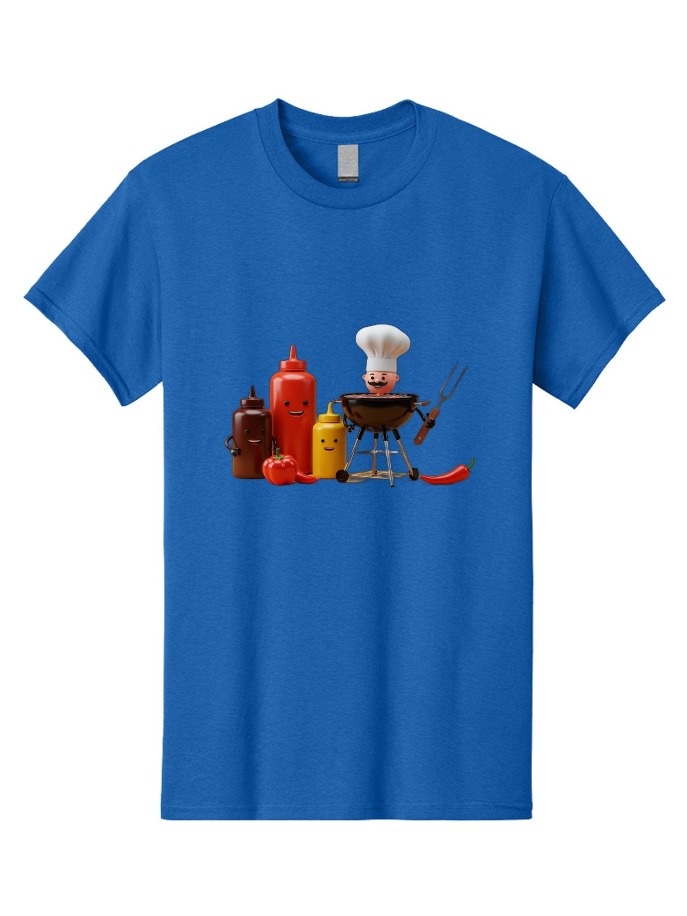 Saucy-Chef Men'S Graphic Tee, 100% Cotton, Comfortable Casual Summer Wear, Machine Washable, Fun Kitchen Utensils, Chef Cooking, Cartoon Characters, Barbecue Grill, Bbq Sauce, Hot Sauce, Mustard Bottle, Cartoon Cooking, Grilled Food, Bac397 8