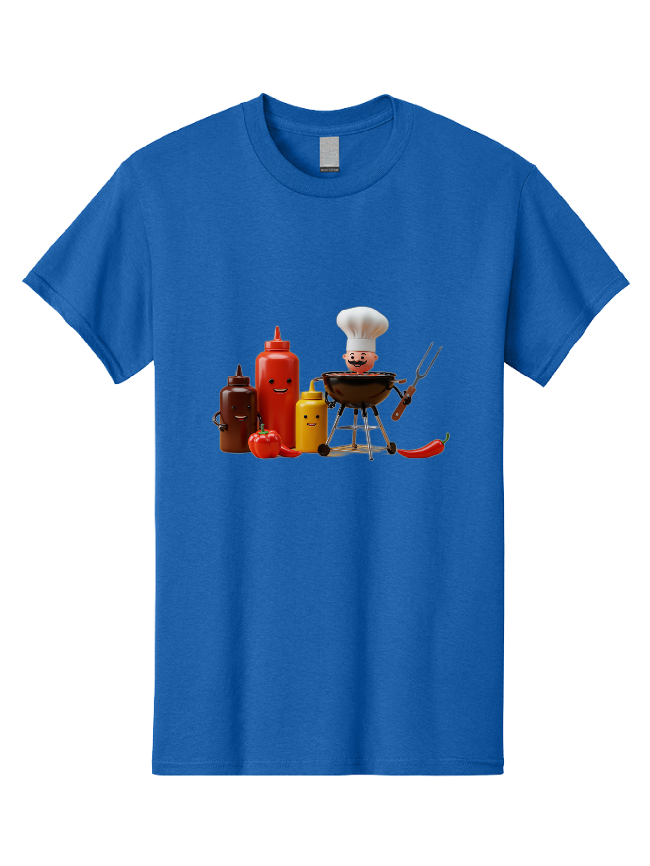 Saucy-Chef Men'S Graphic Tee, 100% Cotton, Comfortable Casual Summer Wear, Machine Washable, Fun Kitchen Utensils, Chef Cooking, Cartoon Characters, Barbecue Grill, Bbq Sauce, Hot Sauce, Mustard Bottle, Cartoon Cooking, Grilled Food, Bac397 6