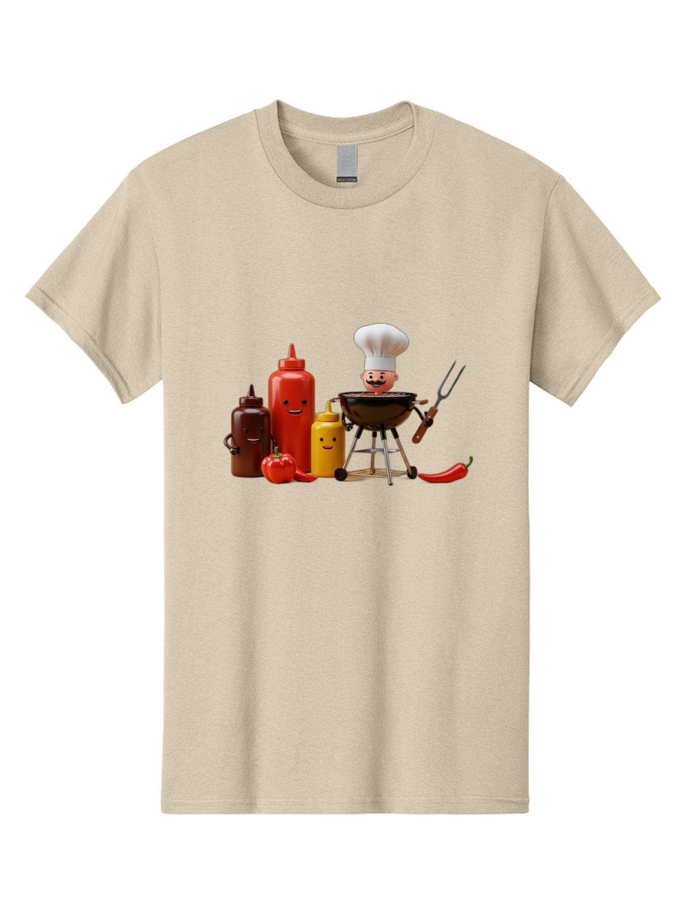 Saucy-Chef Men'S Graphic Tee, 100% Cotton, Comfortable Casual Summer Wear, Machine Washable, Fun Kitchen Utensils, Chef Cooking, Cartoon Characters, Barbecue Grill, Bbq Sauce, Hot Sauce, Mustard Bottle, Cartoon Cooking, Grilled Food, Bac397 5