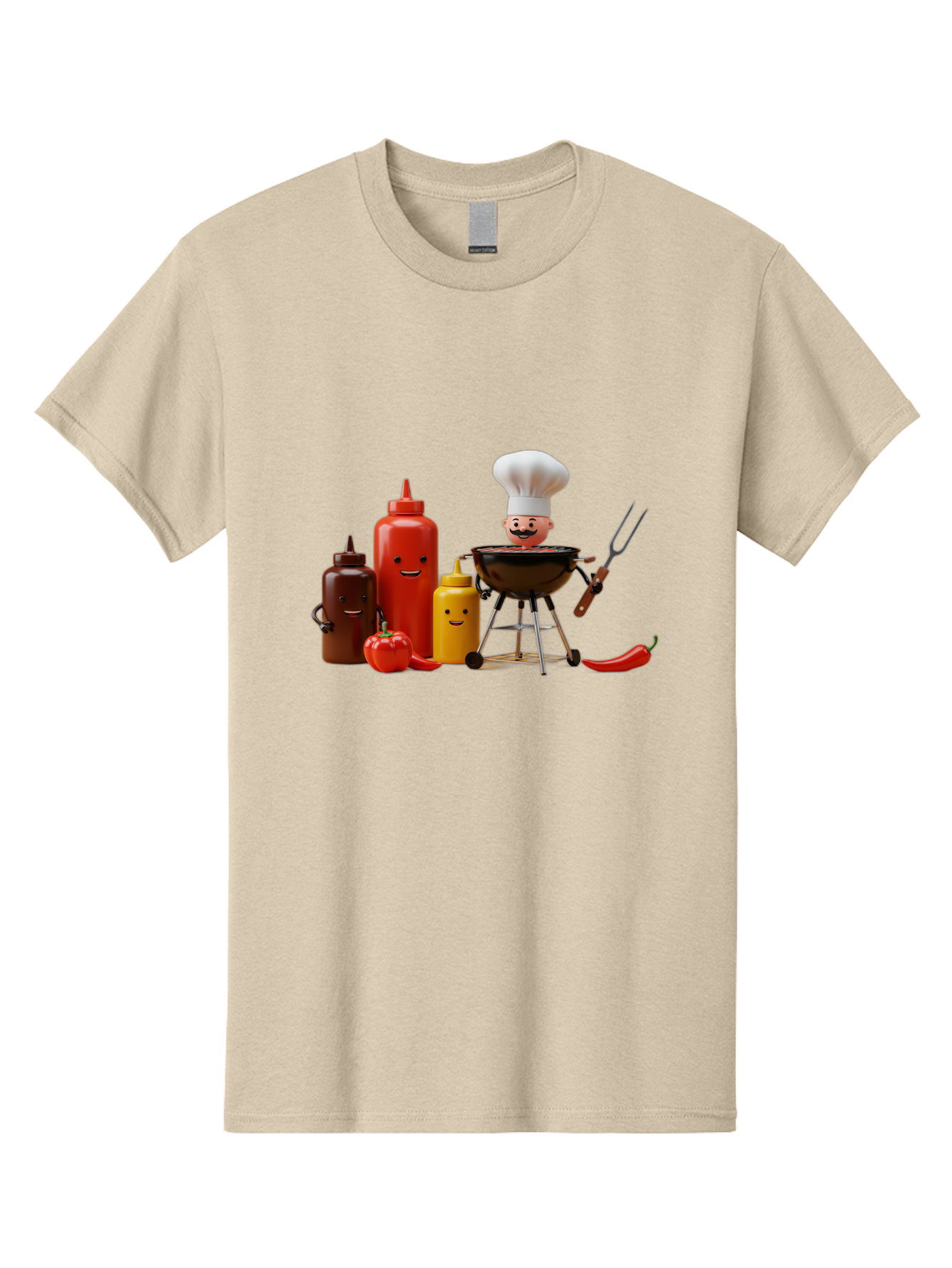 Saucy-Chef Men'S Graphic Tee, 100% Cotton, Comfortable Casual Summer Wear, Machine Washable, Fun Kitchen Utensils, Chef Cooking, Cartoon Characters, Barbecue Grill, Bbq Sauce, Hot Sauce, Mustard Bottle, Cartoon Cooking, Grilled Food, Bac397 8