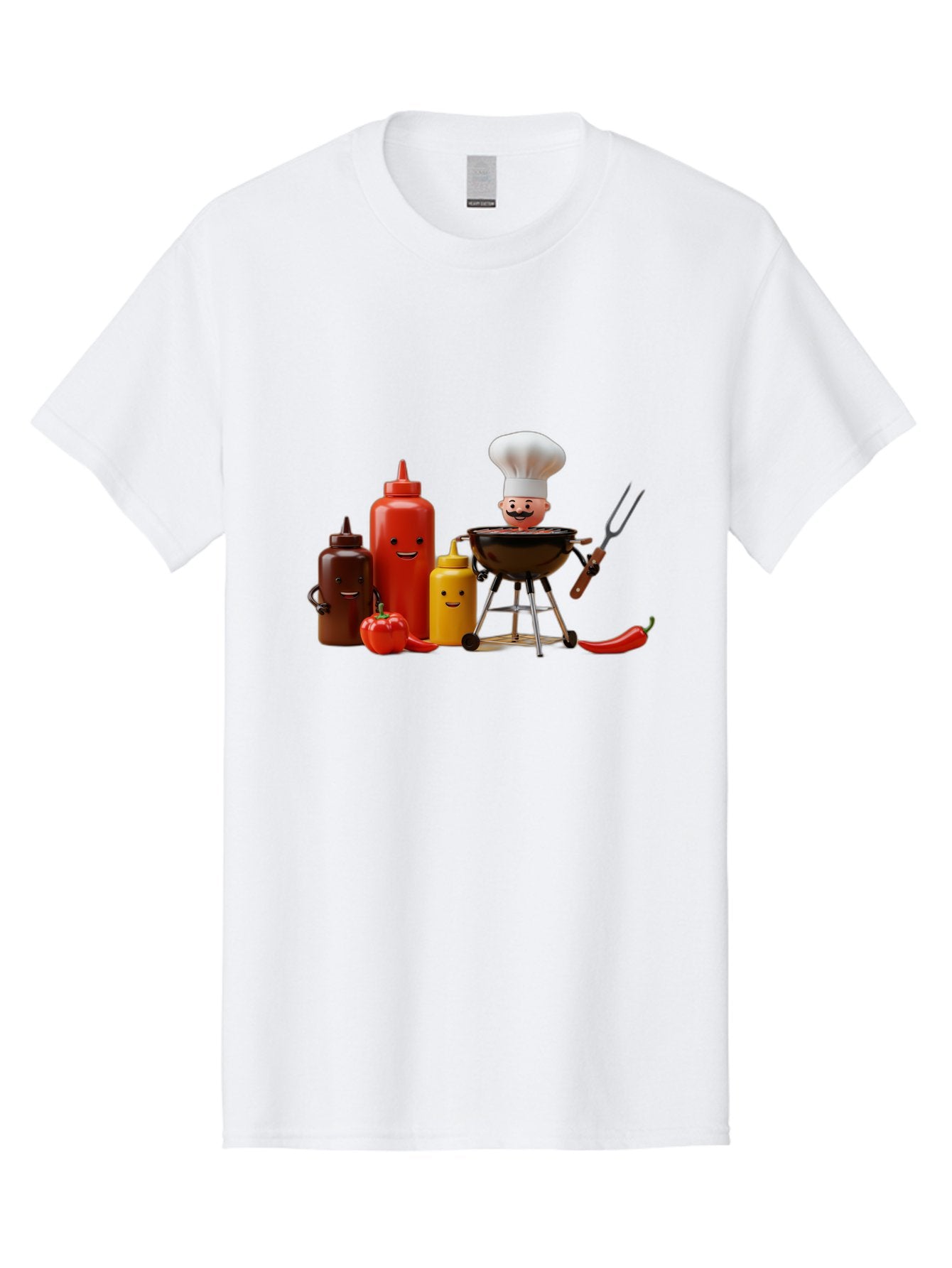 Saucy-Chef Men'S Graphic Tee, 100% Cotton, Comfortable Casual Summer Wear, Machine Washable, Fun Kitchen Utensils, Chef Cooking, Cartoon Characters, Barbecue Grill, Bbq Sauce, Hot Sauce, Mustard Bottle, Cartoon Cooking, Grilled Food, Bac397 14