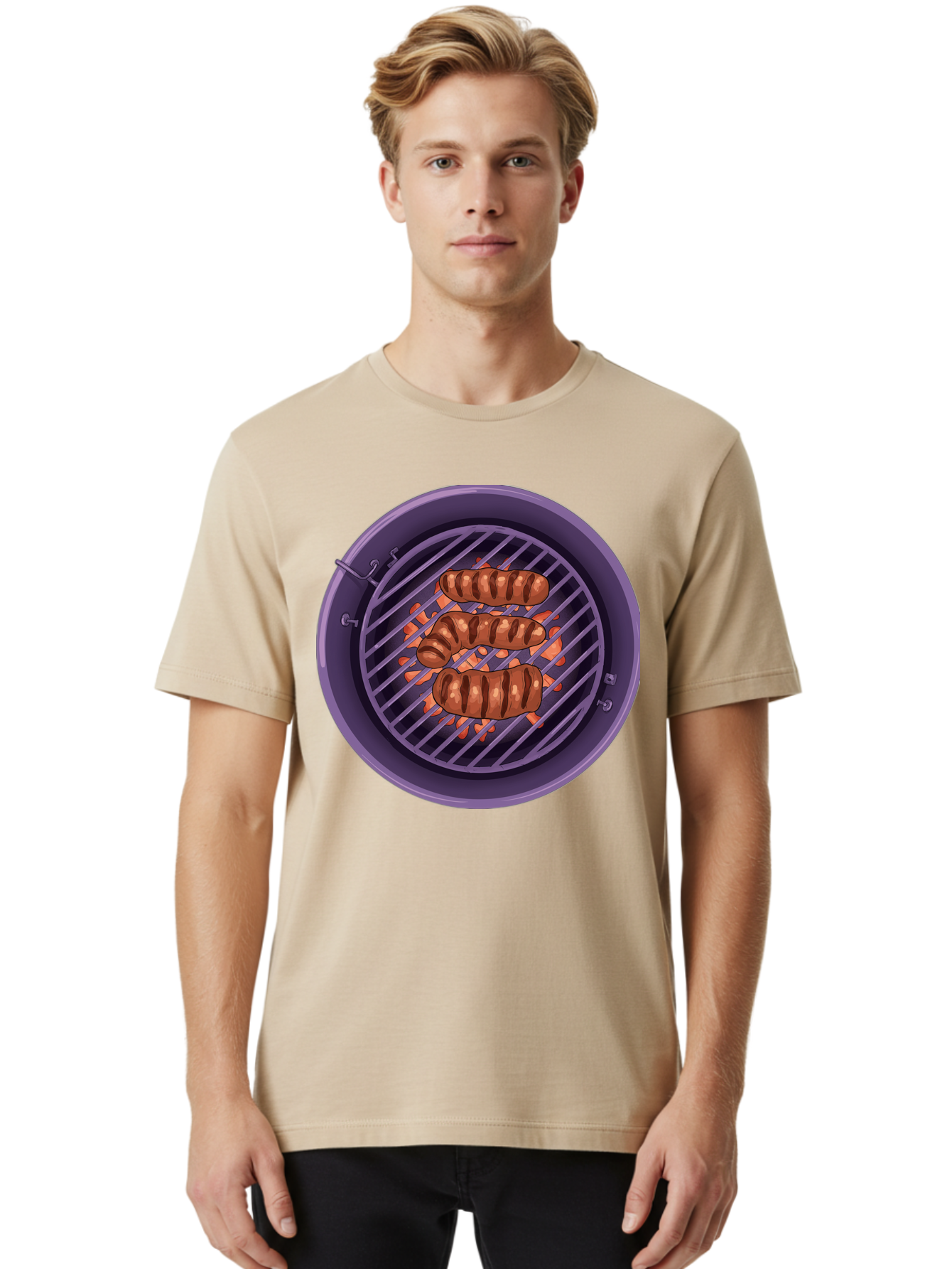 Sausages-On-Grill Men'S Graphic Tee, 100% Cotton, Comfortable Casual Summer Wear, Machine Washable, Sausages On Barbecue Grill, Grilled Sausages, Barbecue Cooking, Outdoor Cooking, Summer Food, Grilled Food, Food On Grill, Barbecue Grill Bac398 23