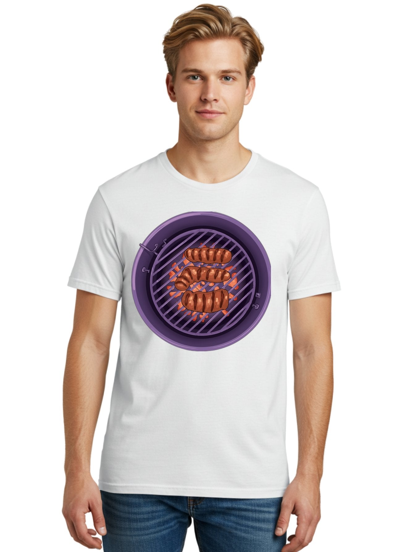 Sausages-On-Grill Men'S Graphic Tee, 100% Cotton, Comfortable Casual Summer Wear, Machine Washable, Sausages On Barbecue Grill, Grilled Sausages, Barbecue Cooking, Outdoor Cooking, Summer Food, Grilled Food, Food On Grill, Barbecue Grill Bac398 29