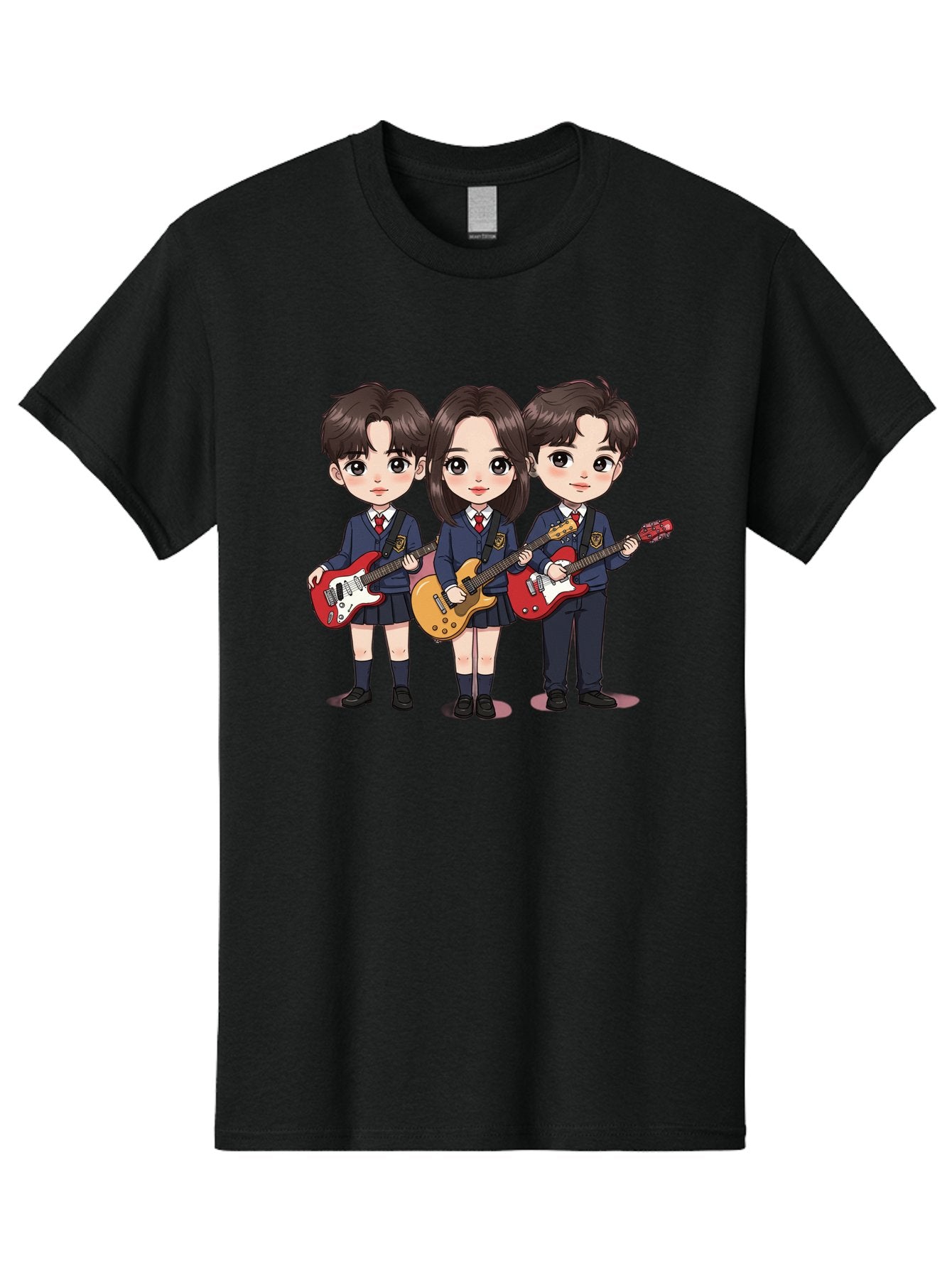 School-Kids-Band Men'S Graphic Tee, 100% Cotton, Comfortable Casual Summer Wear, Machine Washable, School Kids Playing Guitars, Cartoon Characters, School Uniforms, Music Enthusiasts, Youth Culture, Guitar Riffs, Playful Scene, Student Band Bac399 14