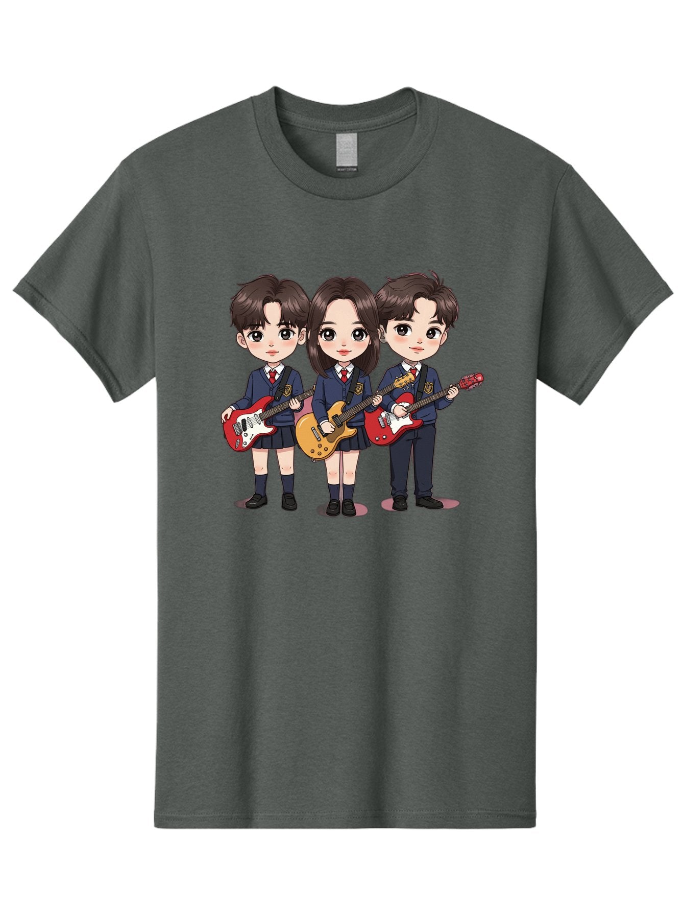 School-Kids-Band Men'S Graphic Tee, 100% Cotton, Comfortable Casual Summer Wear, Machine Washable, School Kids Playing Guitars, Cartoon Characters, School Uniforms, Music Enthusiasts, Youth Culture, Guitar Riffs, Playful Scene, Student Band Bac399 11