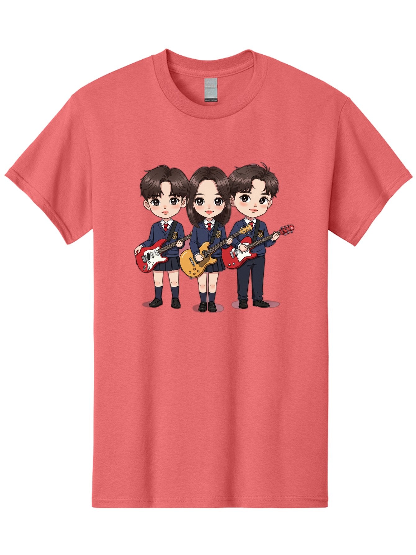 School-Kids-Band Men'S Graphic Tee, 100% Cotton, Comfortable Casual Summer Wear, Machine Washable, School Kids Playing Guitars, Cartoon Characters, School Uniforms, Music Enthusiasts, Youth Culture, Guitar Riffs, Playful Scene, Student Band Bac399 3