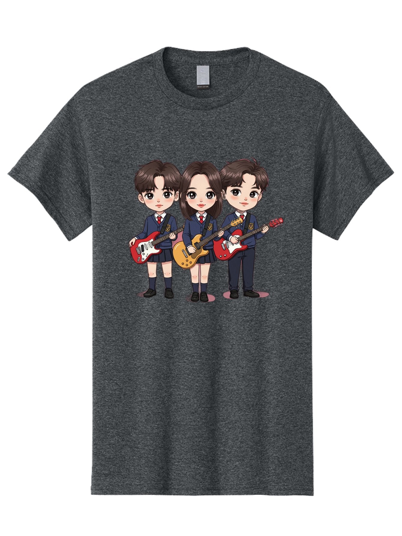 School-Kids-Band Men'S Graphic Tee, 100% Cotton, Comfortable Casual Summer Wear, Machine Washable, School Kids Playing Guitars, Cartoon Characters, School Uniforms, Music Enthusiasts, Youth Culture, Guitar Riffs, Playful Scene, Student Band Bac399 9