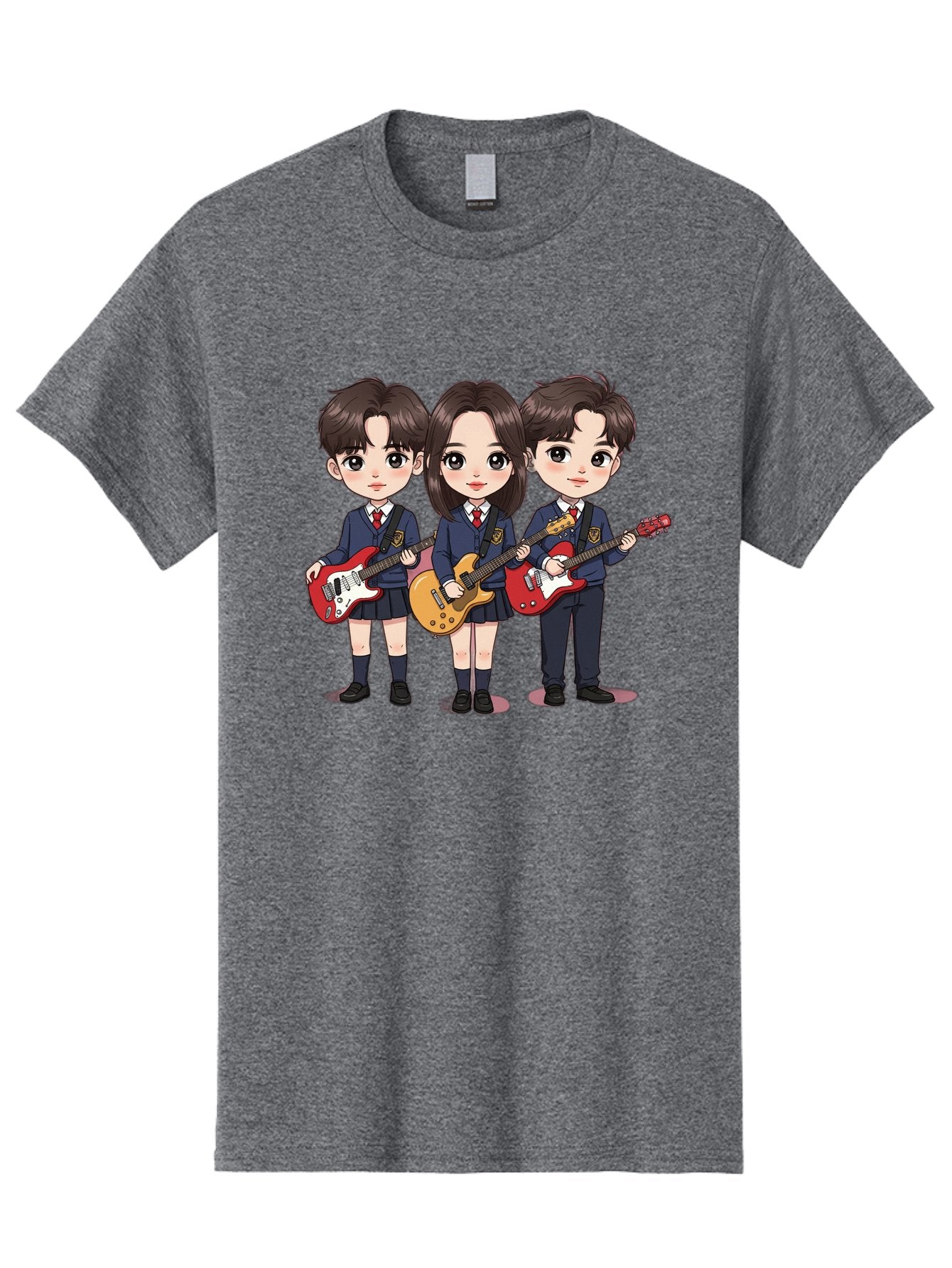 School-Kids-Band Men'S Graphic Tee, 100% Cotton, Comfortable Casual Summer Wear, Machine Washable, School Kids Playing Guitars, Cartoon Characters, School Uniforms, Music Enthusiasts, Youth Culture, Guitar Riffs, Playful Scene, Student Band Bac399 6