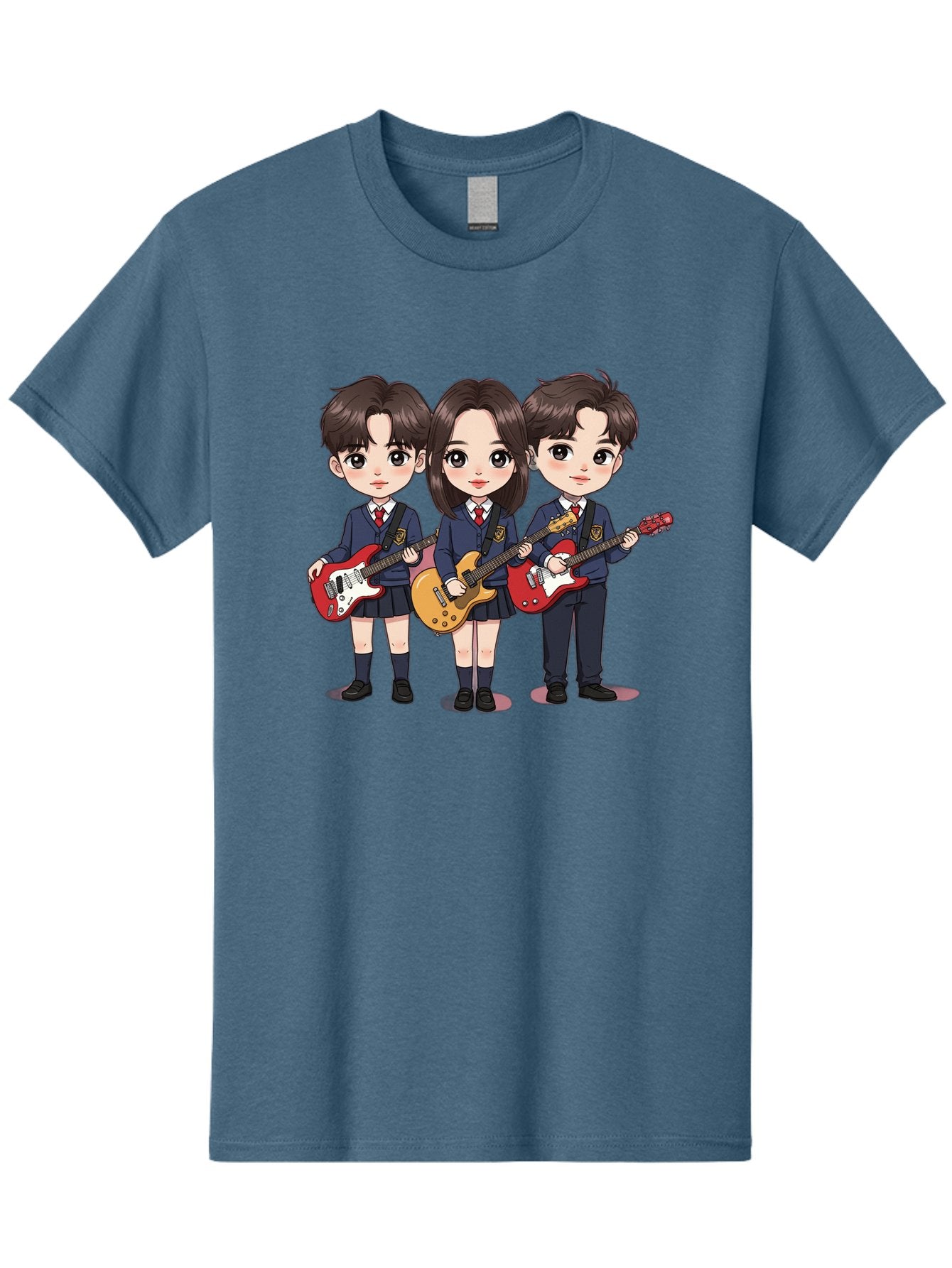 School-Kids-Band Men'S Graphic Tee, 100% Cotton, Comfortable Casual Summer Wear, Machine Washable, School Kids Playing Guitars, Cartoon Characters, School Uniforms, Music Enthusiasts, Youth Culture, Guitar Riffs, Playful Scene, Student Band Bac399 12
