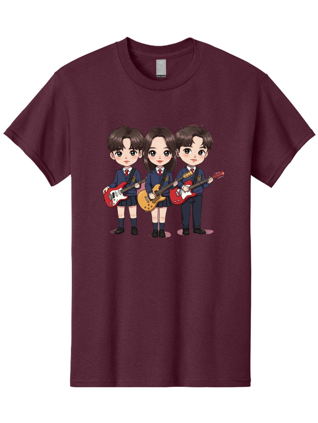 School-Kids-Band Men'S Graphic Tee, 100% Cotton, Comfortable Casual Summer Wear, Machine Washable, School Kids Playing Guitars, Cartoon Characters, School Uniforms, Music Enthusiasts, Youth Culture, Guitar Riffs, Playful Scene, Student Band Bac399 10