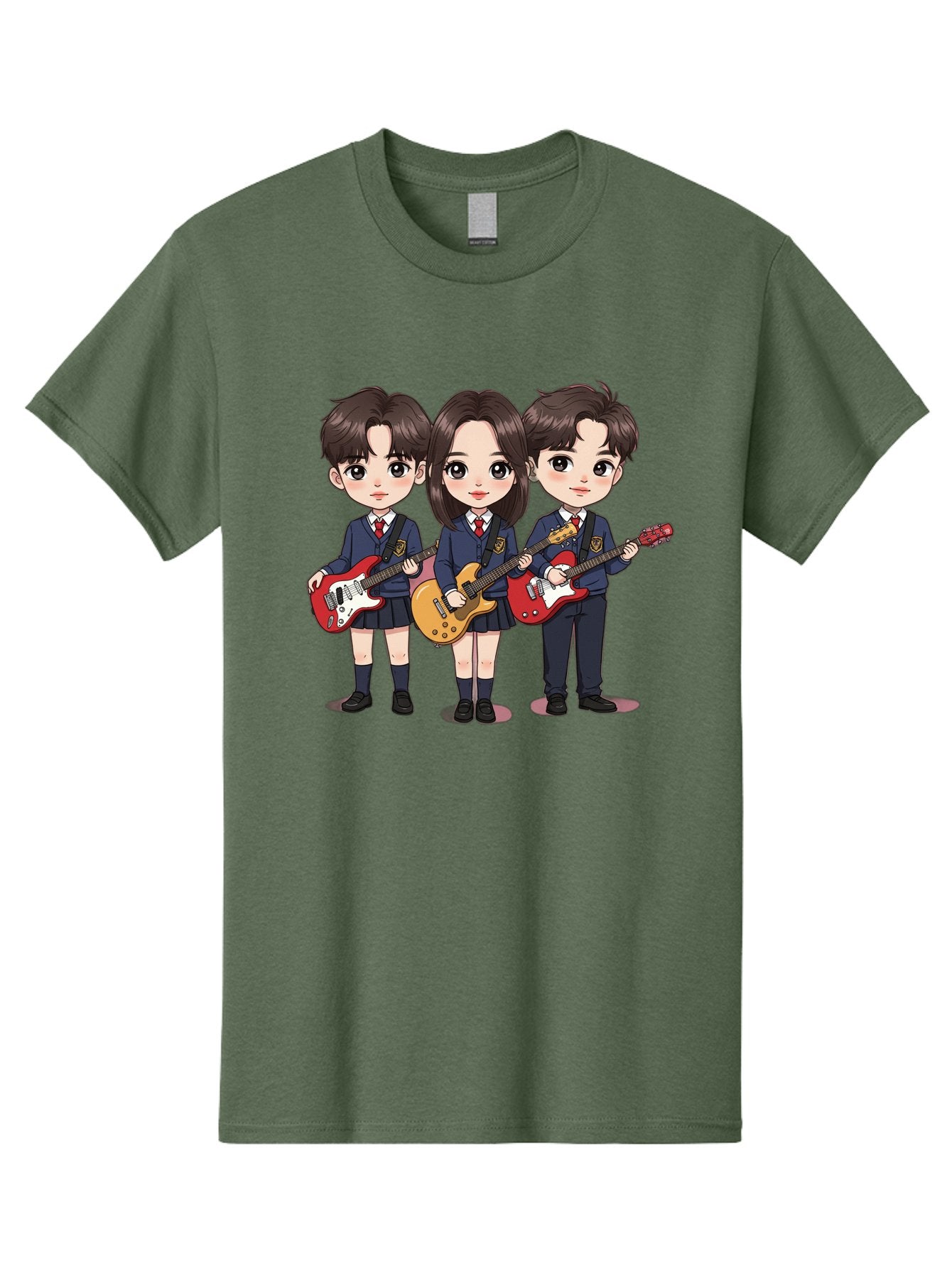School-Kids-Band Men'S Graphic Tee, 100% Cotton, Comfortable Casual Summer Wear, Machine Washable, School Kids Playing Guitars, Cartoon Characters, School Uniforms, Music Enthusiasts, Youth Culture, Guitar Riffs, Playful Scene, Student Band Bac399 8