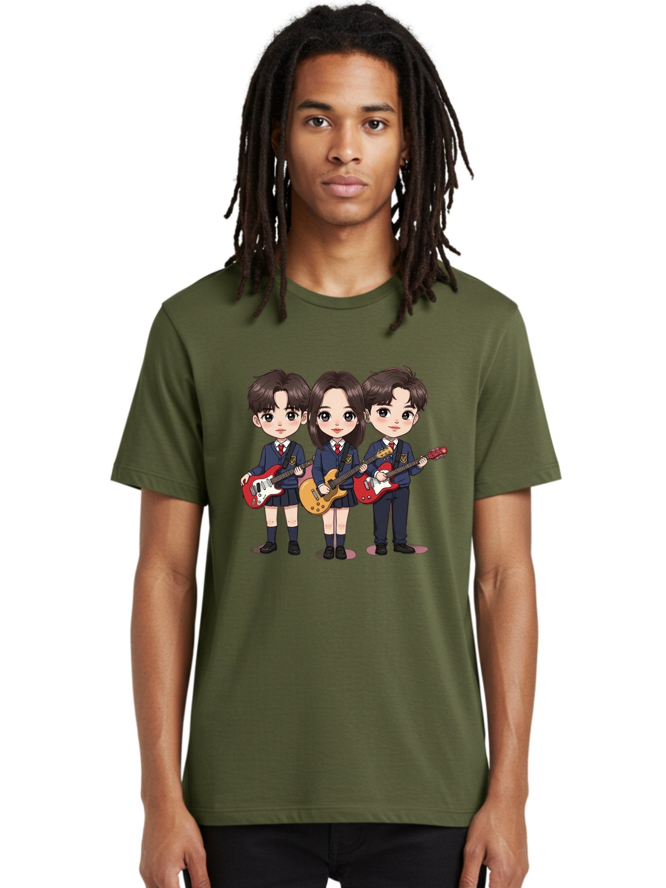 School-Kids-Band Men'S Graphic Tee, 100% Cotton, Comfortable Casual Summer Wear, Machine Washable, School Kids Playing Guitars, Cartoon Characters, School Uniforms, Music Enthusiasts, Youth Culture, Guitar Riffs, Playful Scene, Student Band Bac399 25