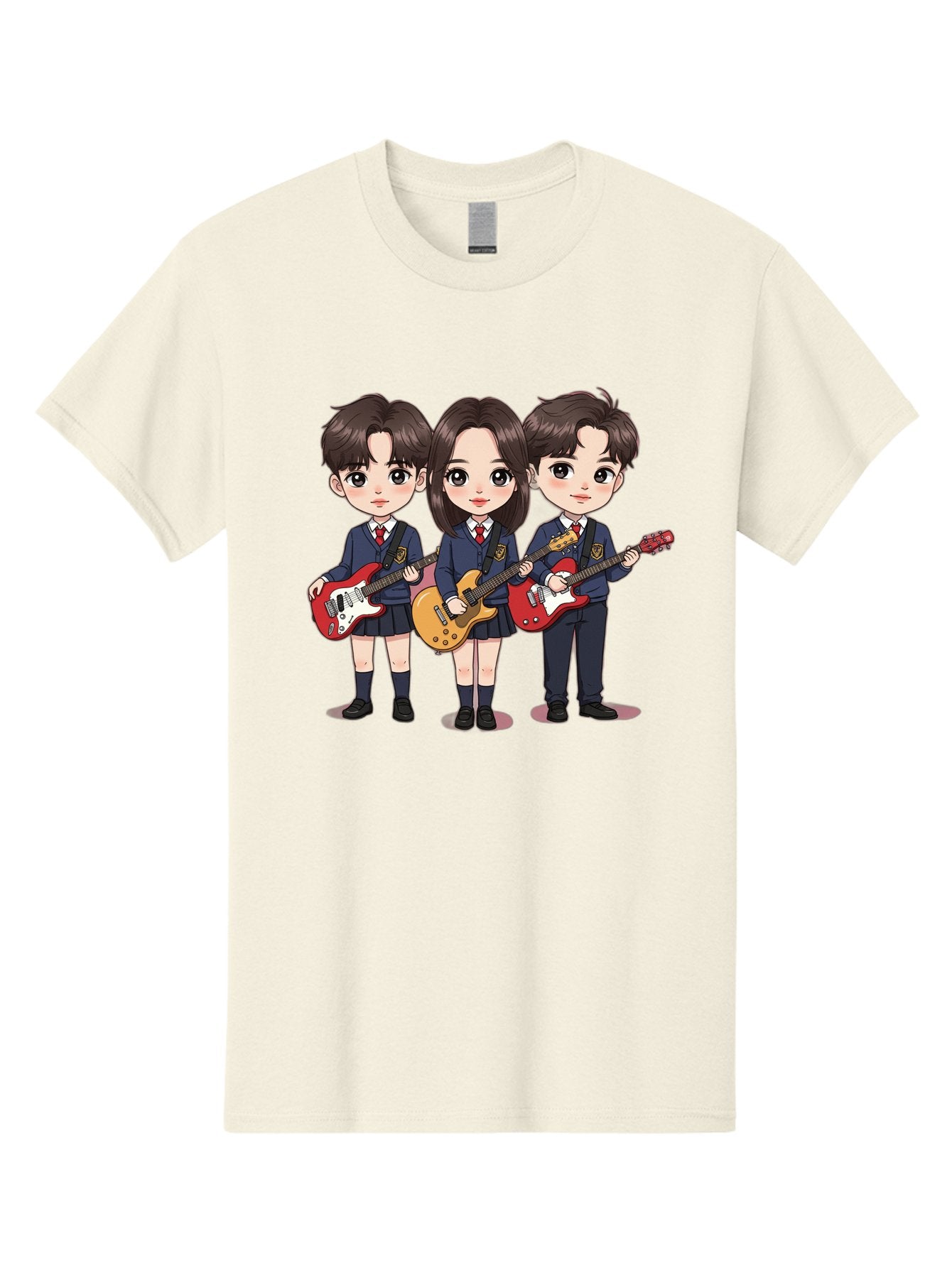 School-Kids-Band Men'S Graphic Tee, 100% Cotton, Comfortable Casual Summer Wear, Machine Washable, School Kids Playing Guitars, Cartoon Characters, School Uniforms, Music Enthusiasts, Youth Culture, Guitar Riffs, Playful Scene, Student Band Bac399