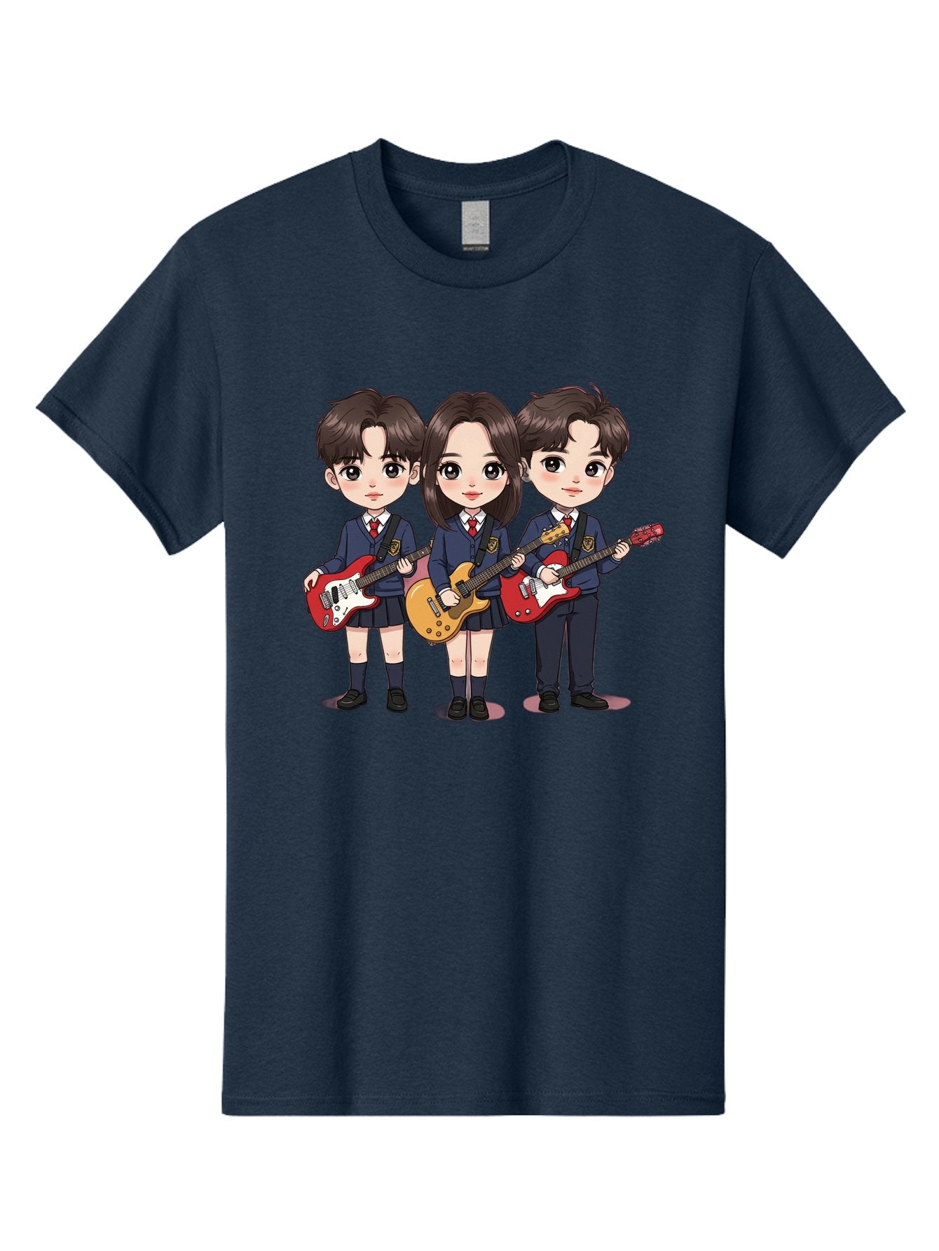 School-Kids-Band Men'S Graphic Tee, 100% Cotton, Comfortable Casual Summer Wear, Machine Washable, School Kids Playing Guitars, Cartoon Characters, School Uniforms, Music Enthusiasts, Youth Culture, Guitar Riffs, Playful Scene, Student Band Bac399 15