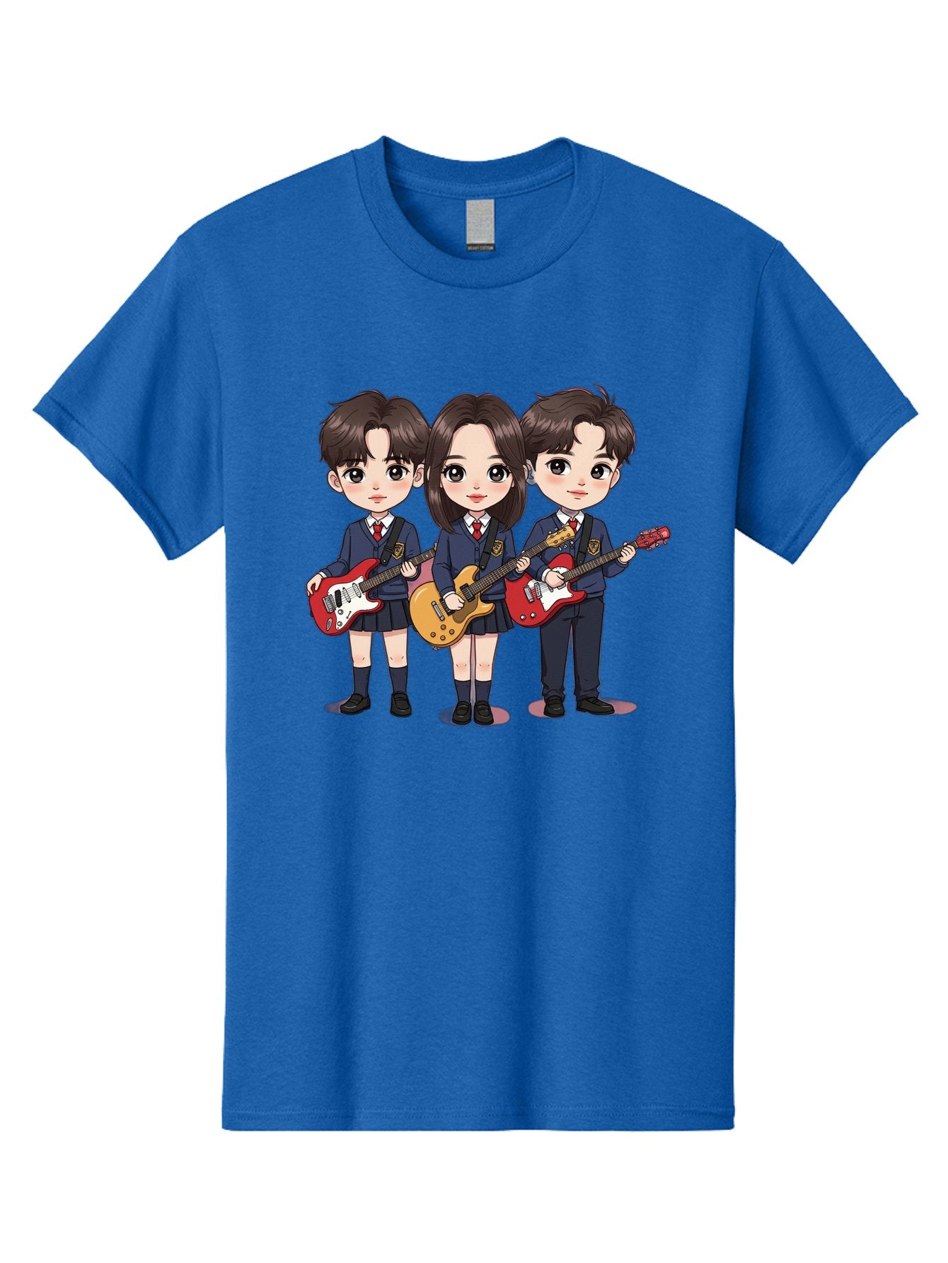 School-Kids-Band Men'S Graphic Tee, 100% Cotton, Comfortable Casual Summer Wear, Machine Washable, School Kids Playing Guitars, Cartoon Characters, School Uniforms, Music Enthusiasts, Youth Culture, Guitar Riffs, Playful Scene, Student Band Bac399 4