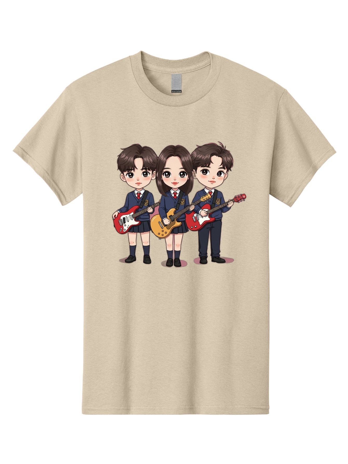 School-Kids-Band Men'S Graphic Tee, 100% Cotton, Comfortable Casual Summer Wear, Machine Washable, School Kids Playing Guitars, Cartoon Characters, School Uniforms, Music Enthusiasts, Youth Culture, Guitar Riffs, Playful Scene, Student Band Bac399