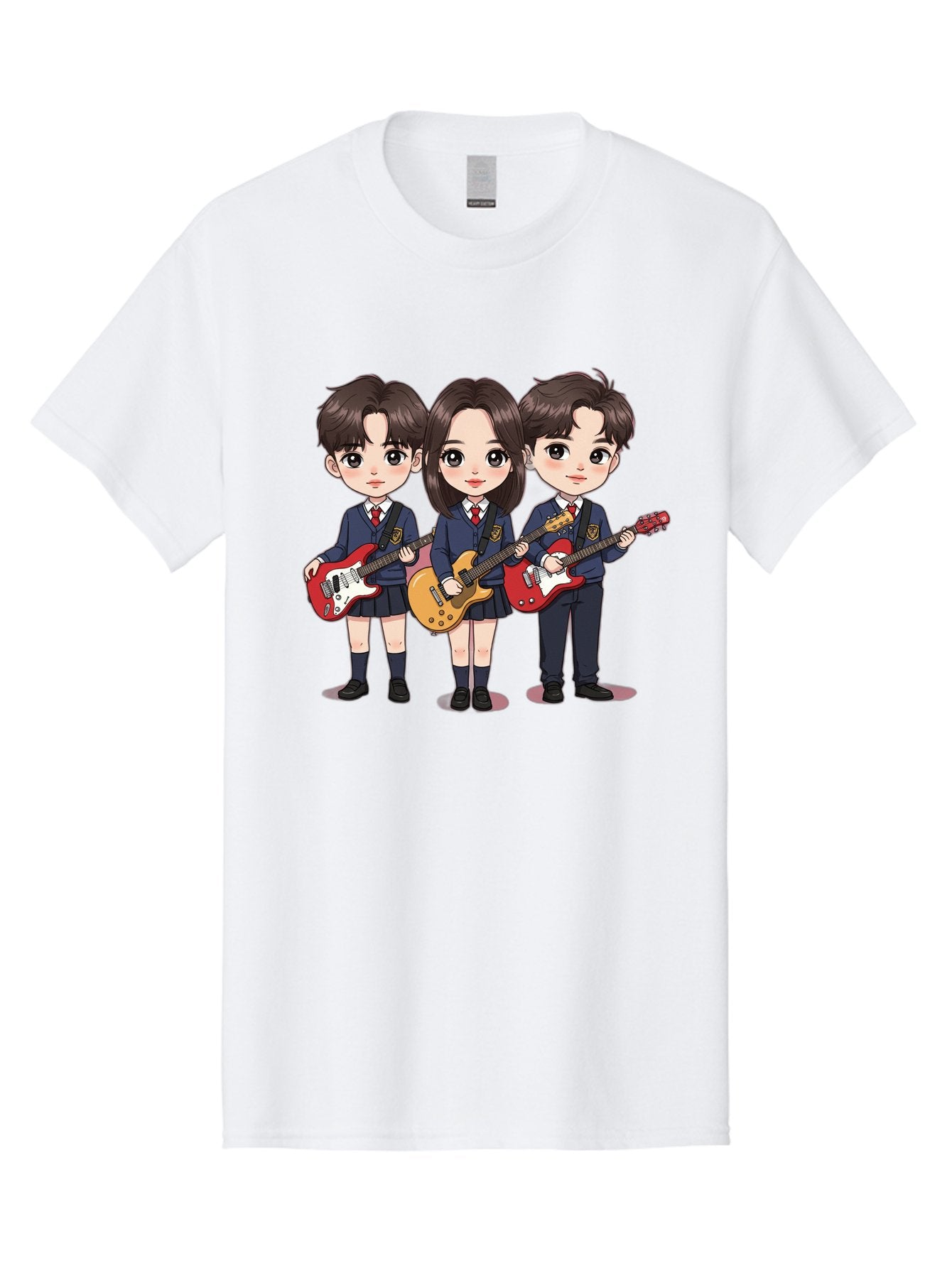School-Kids-Band Men'S Graphic Tee, 100% Cotton, Comfortable Casual Summer Wear, Machine Washable, School Kids Playing Guitars, Cartoon Characters, School Uniforms, Music Enthusiasts, Youth Culture, Guitar Riffs, Playful Scene, Student Band Bac399 5