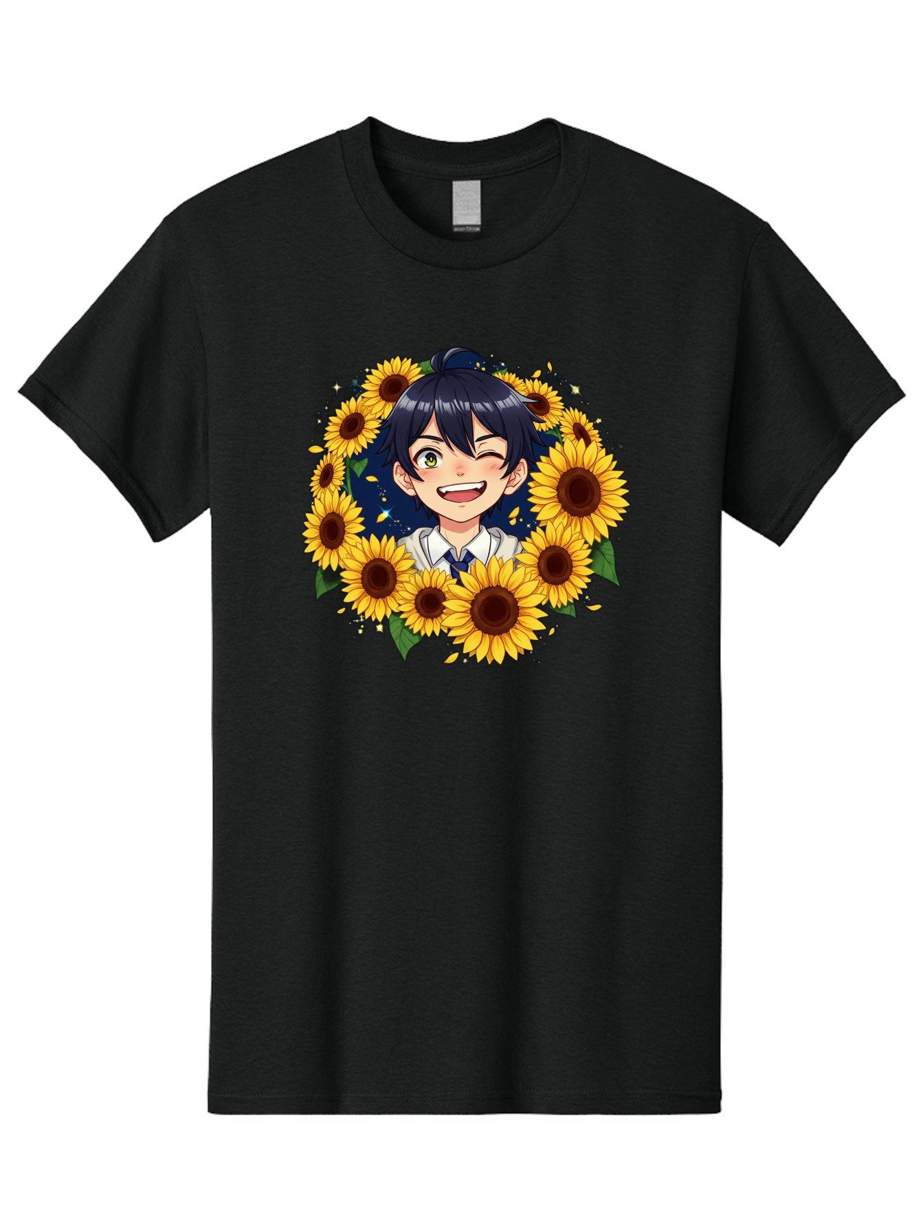 Schoolgirl-Sunflowers Men'S Graphic Tee, 100% Cotton, Comfortable Casual Summer Wear, Machine Washable, Anime Girl, Smiling Face, Sunny Disposition, Yellow Sunflowers, Black Hair, White Shirt, Blue Tie, Vibrant Flowers, Happy Expression, Bac400 6